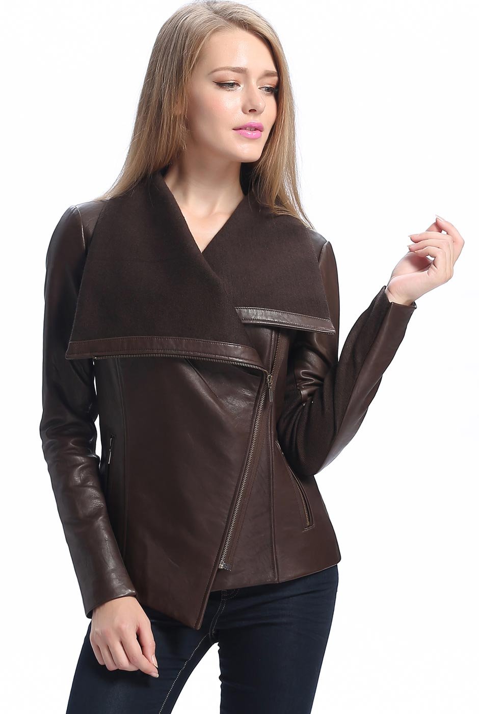 BGSD Women's Lily Lambskin Leather Drape Jacket - Regular, Plus Size & Petite Sizes Available | Elegant Outerwear for Office, Dinner Dates & Special Occasions