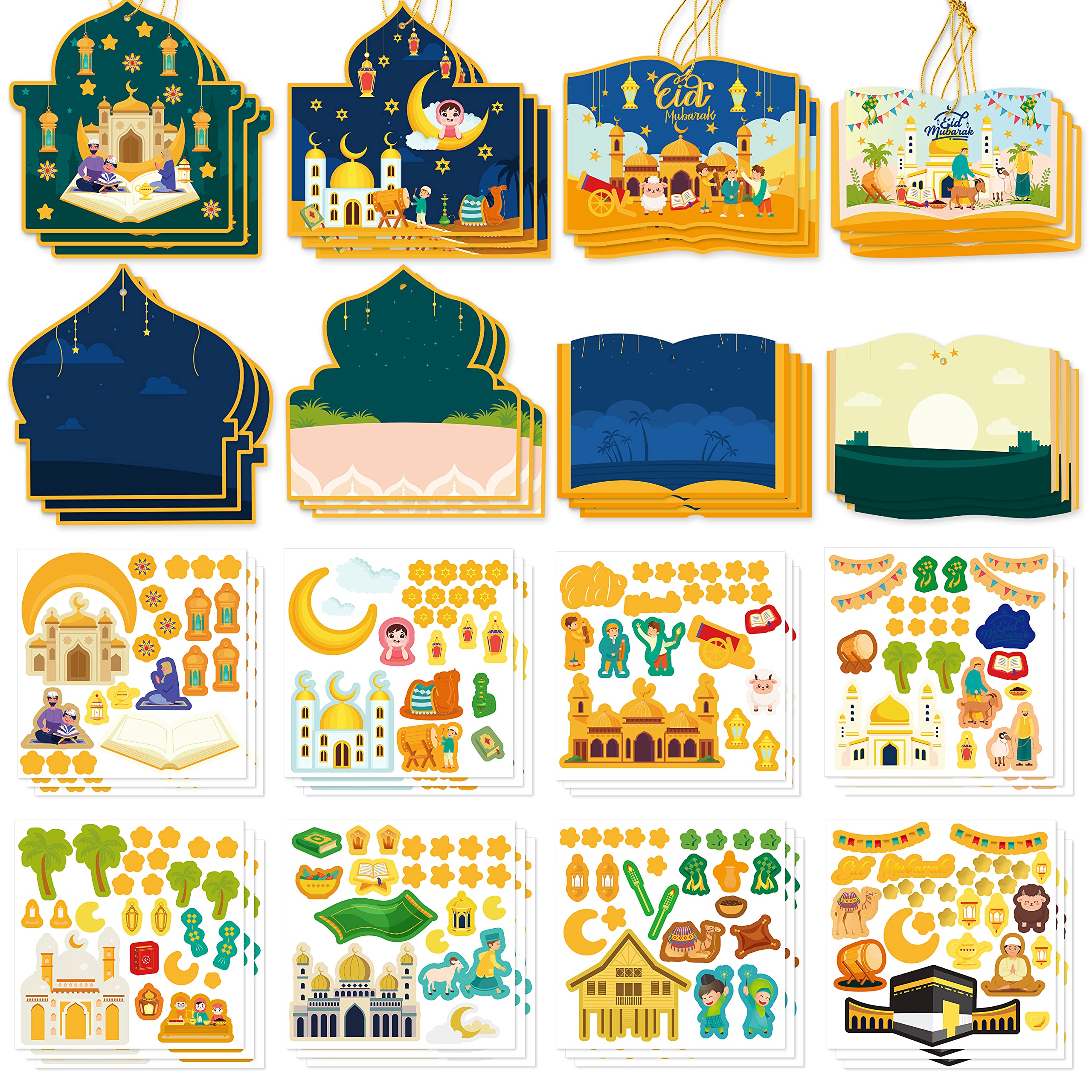 COcnny 49pcs Eid Mubarak Craft Kit - DIY Mosque Scene Stickers for Kids, Ramadan Kareem Decal, Islamic Art Labels & Hanging Ornaments - Perfect for Al-fitr Classroom Party Favors, Home Decor & Gift Supplies