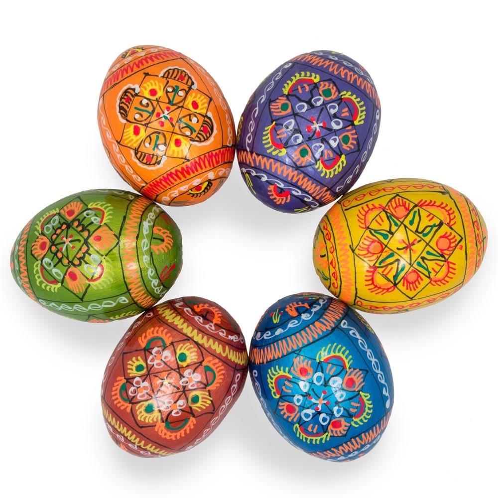 Set of 6 Pearlized Ukrainian Pysanky Wooden Easter Eggs 2.5 Inches - Perfect for Easter Decorations, Gift Giving, and Holiday Crafting