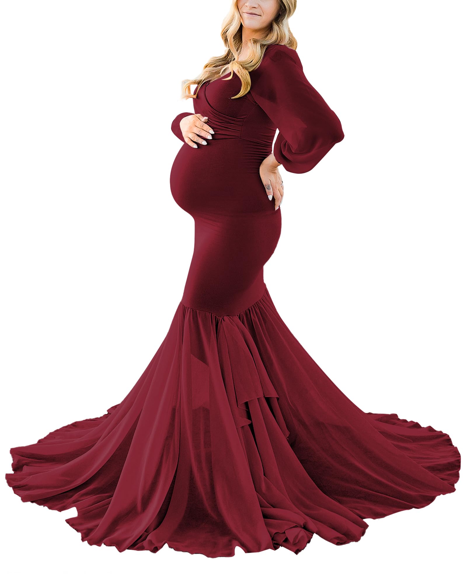 Saslax Elegant Long Chiffon Sleeve Mermaid Maternity Dress for Photoshoot, Baby Shower, Pregnancy Photos & Special Occasions | Flattering Fit for Expecting Mothers