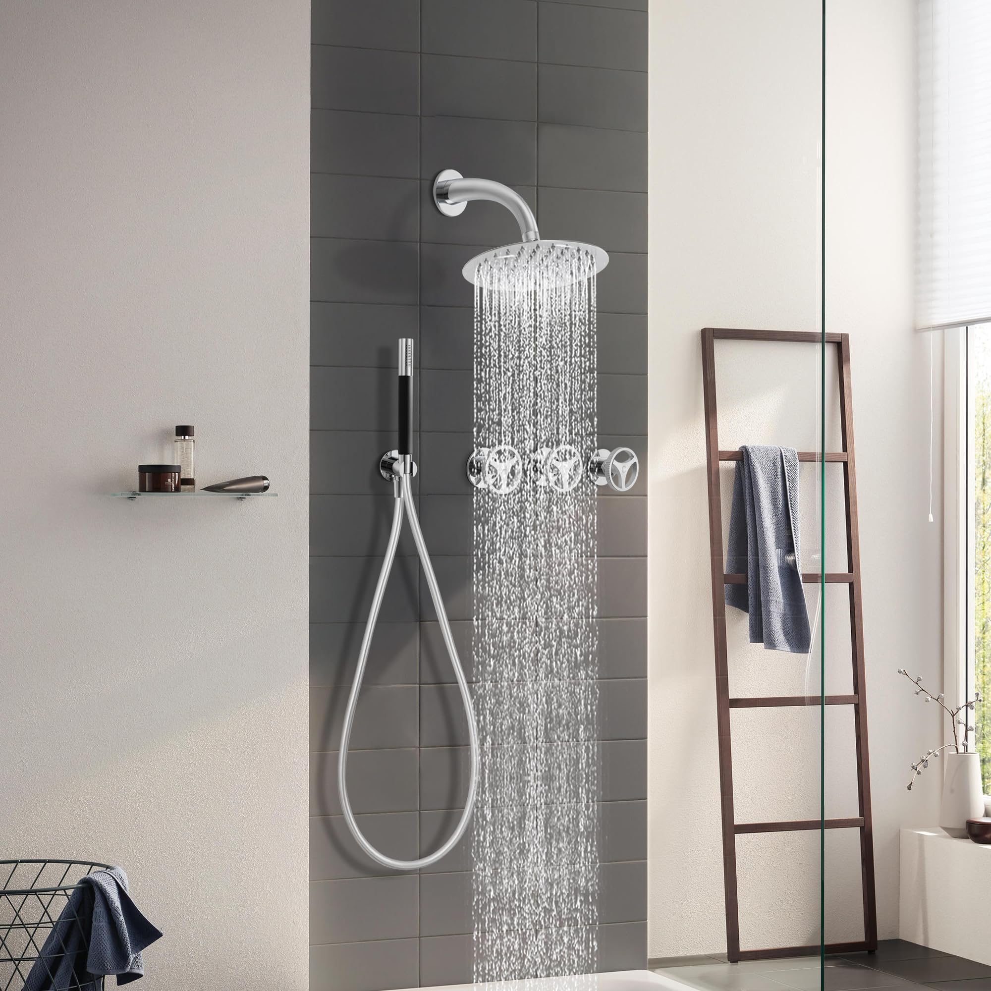 SKOWLL 8 Inch Industrial Shower Head System - Wall Mount Rain Shower Faucet Set with 3 Knobs & 2-Function Valve Kit, Polished Chrome - Perfect for Modern Bathroom & Spa-Like Shower Experience