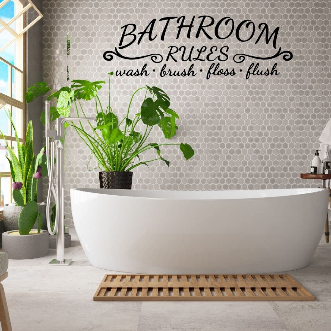 2 Pack Bathroom Wall Decals - Vinyl Stickers with Bathroom Rules: WASH BRUSH FLOSS FLUSH & SOAK RELAX ENJOY BUBBLE - Easy Peel and Stick Removable Decor for Washroom, Toilet, and Spa-Like Atmosphere
