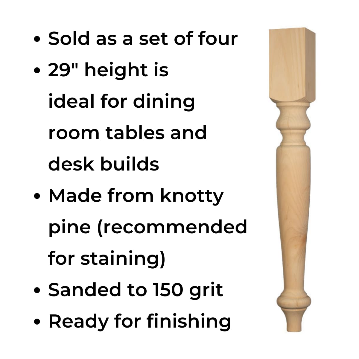 Osborne English Country Dining Table Legs - Set of 4 Unfinished Knotty Pine Wood Legs for Dining Tables & Desks | Ready to Stain | Perfect for Farmhouse, Rustic & DIY Furniture Projects