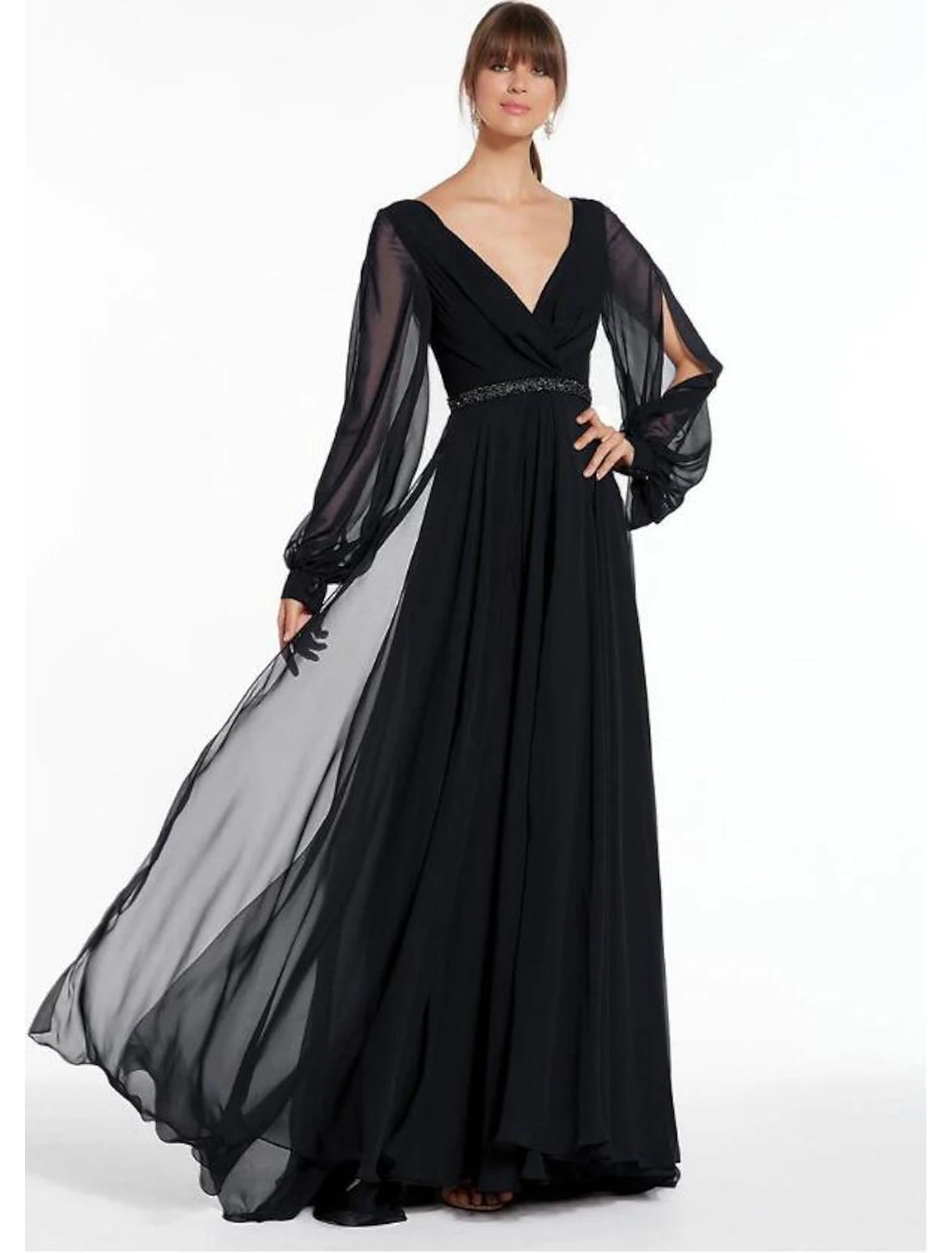Elegant A-Line Evening Gown with V-Neck & Beading - Long Sleeve Empire Waist Chiffon Dress for Holiday Parties & Formal Events - Perfect for Prom, Wedding Guest & Black Tie Occasions