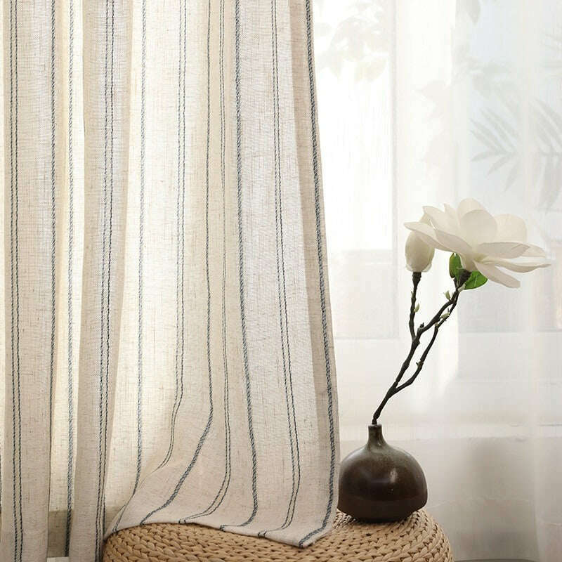 Annapolis Linen Stripe Semi-Sheer Beige Curtains - Light Filtering Window Treatment for Living Room & Bedroom