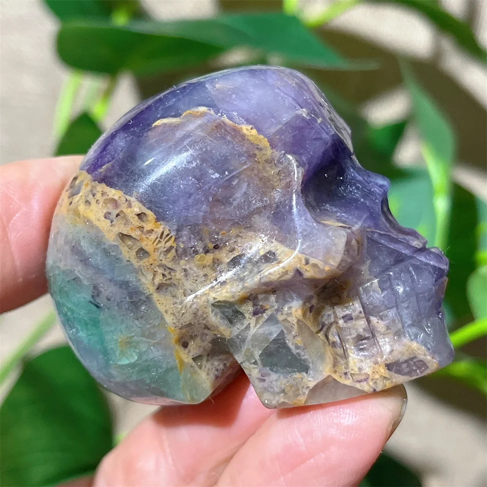 Natural Green and Purple Fluorite Crystal Skull Carving - Healing Stone, Quartz Mineral Gemstone for Spiritual Crafts, Home Decor, Meditation & Energy Work