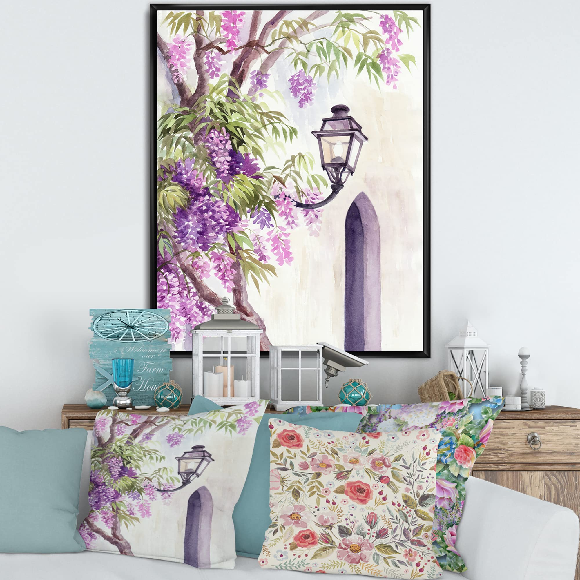 Wisteria and Lantern - Traditional Chinese Framed Canvas Wall Art Print - Perfect for Living Room, Bedroom & Office Decor