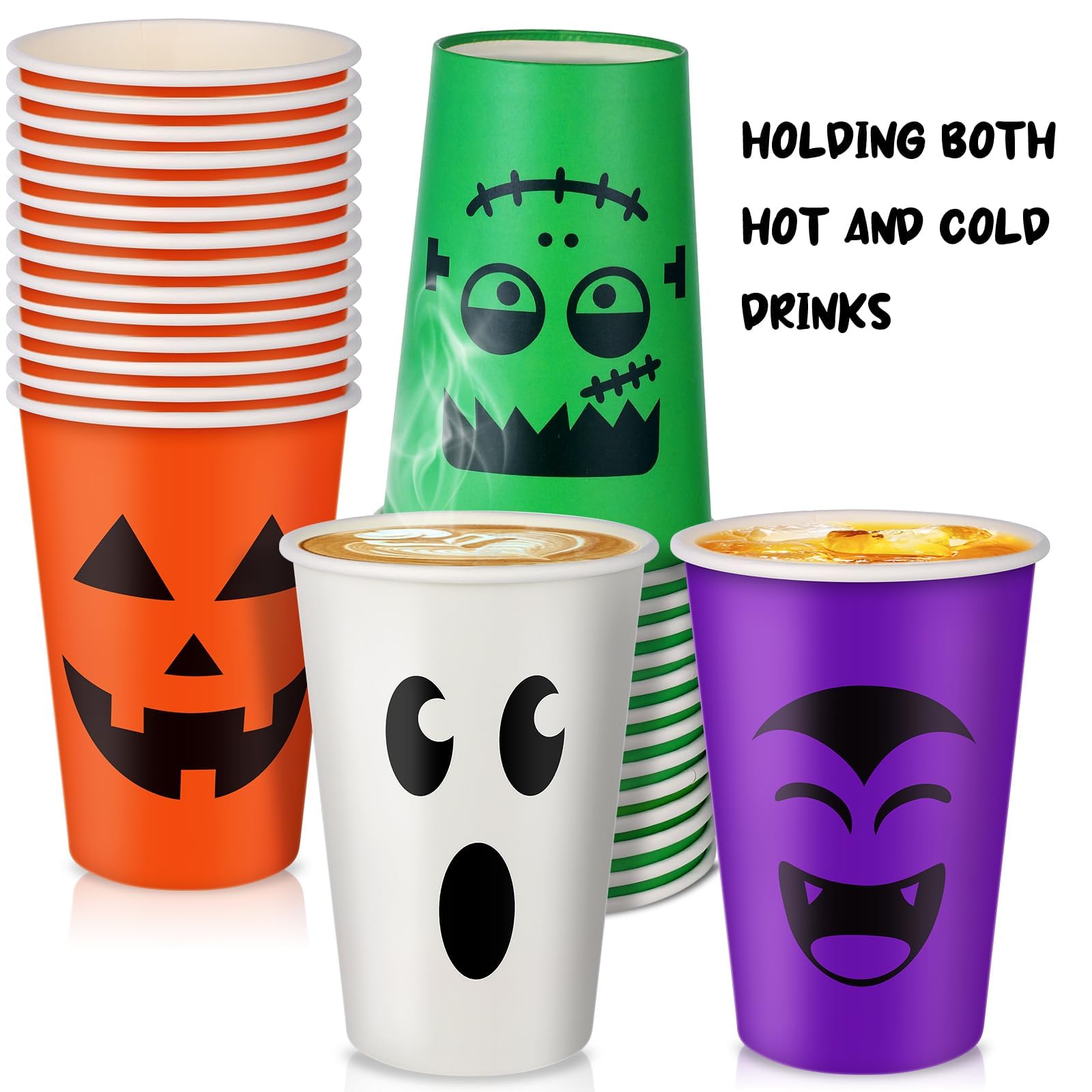 100 Pcs Halloween Party Cups 12 oz - Disposable Pumpkin Vampire Bat Ghost Paper Cups for Hot & Cold Drinks - Trick or Treat Supplies, Halloween Decorations - Perfect for Halloween Parties, Trick-or-Treating & Spooky Gatherings