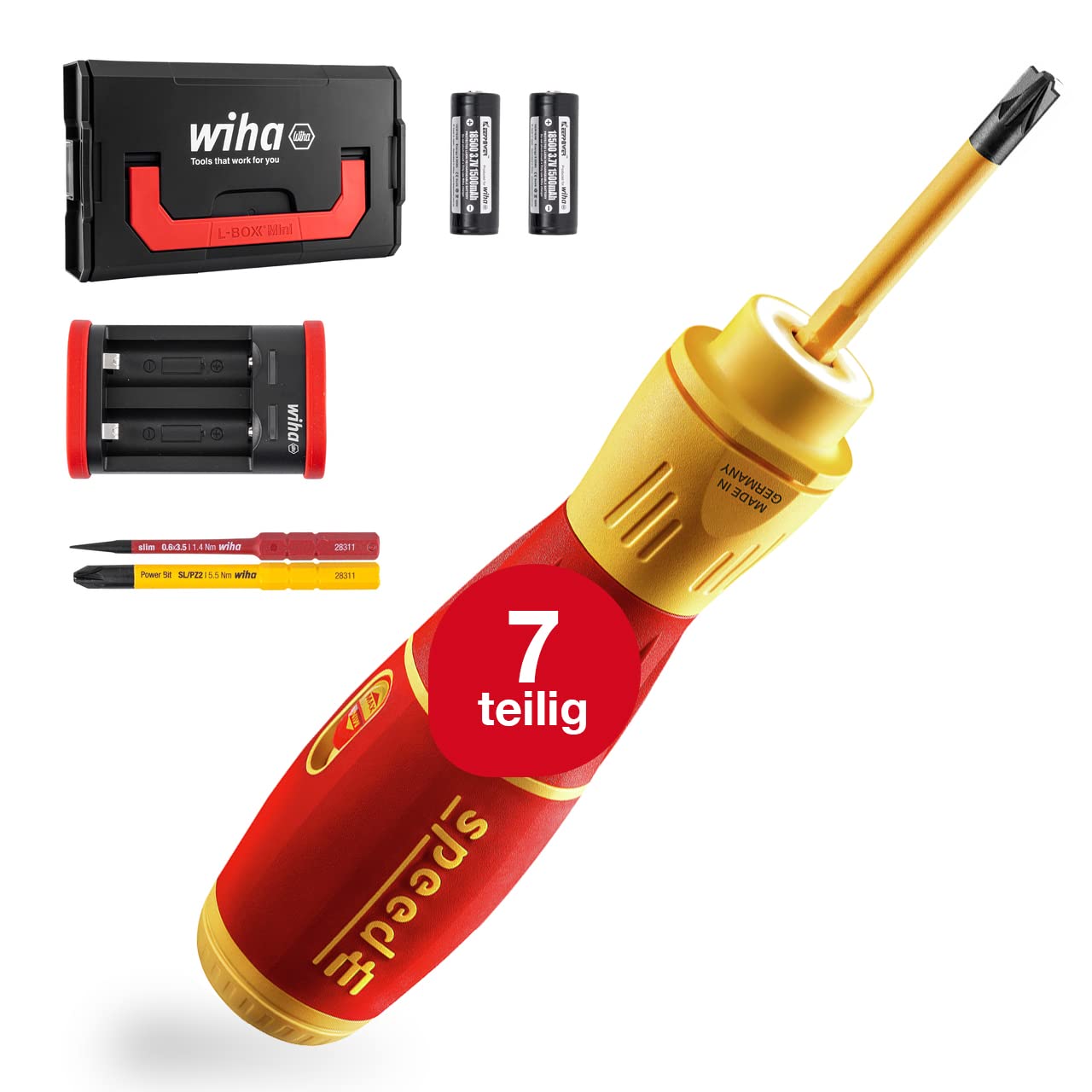 Wiha SpeedE® II Electric Screwdriver Kit (44318) - 7-Piece Set with SlimBits, Rechargeable Battery & USB Cable - 0.4 nm Torque + LED Light - Perfect for DIY Projects, Electronics Repair, and Home Maintenance in L-Boxx Mini Case