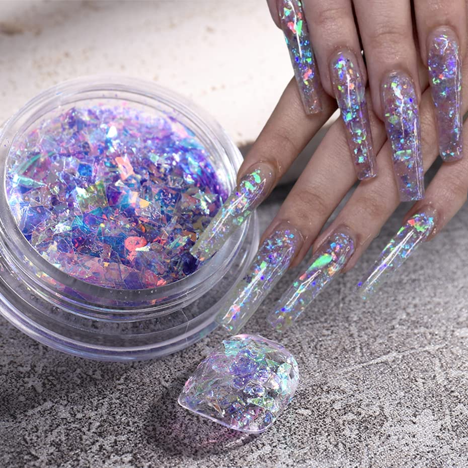 Holographic Mermaid Nail Sequins - 6 Jars Chunky Glitter, Colorful Fluorescent Glass Paper & Iridescent Flakes for Nail Art, Makeup & DIY Accessories | Perfect for Women's Party, Nail Decoration & Creative Designs