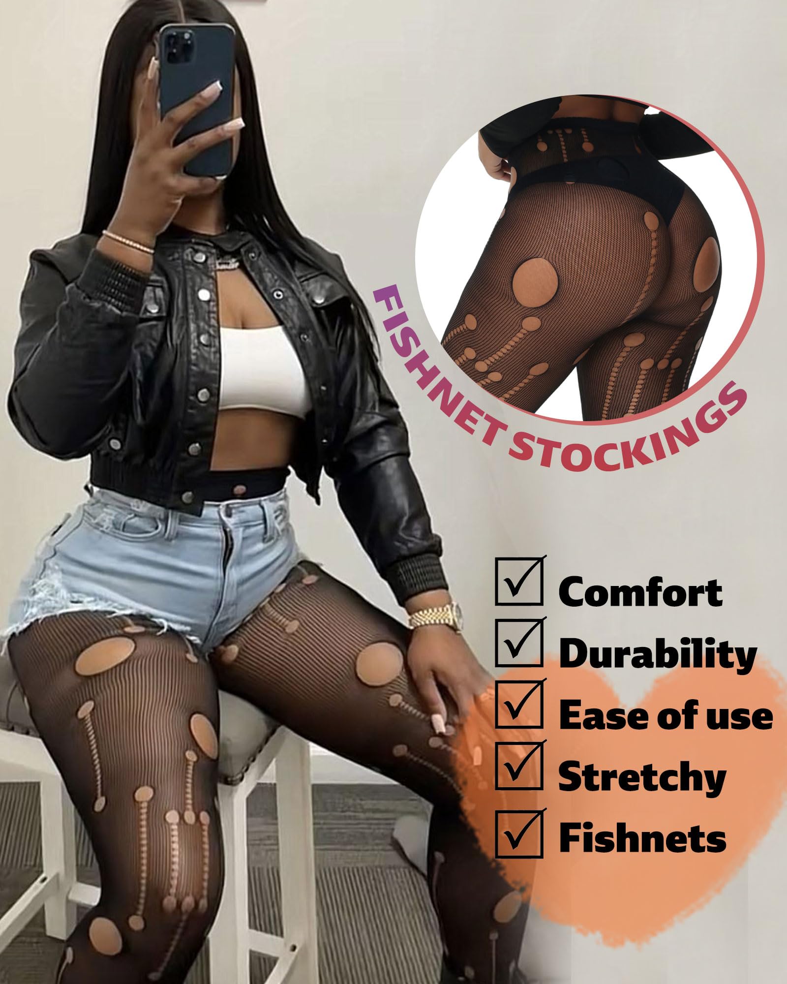 XIUSEMY Women's Sexy Fishnet Tights - Patterned Thigh-High Stockings, Black Lace Pantyhose & Leggings for Party, Cosplay, and Night Out