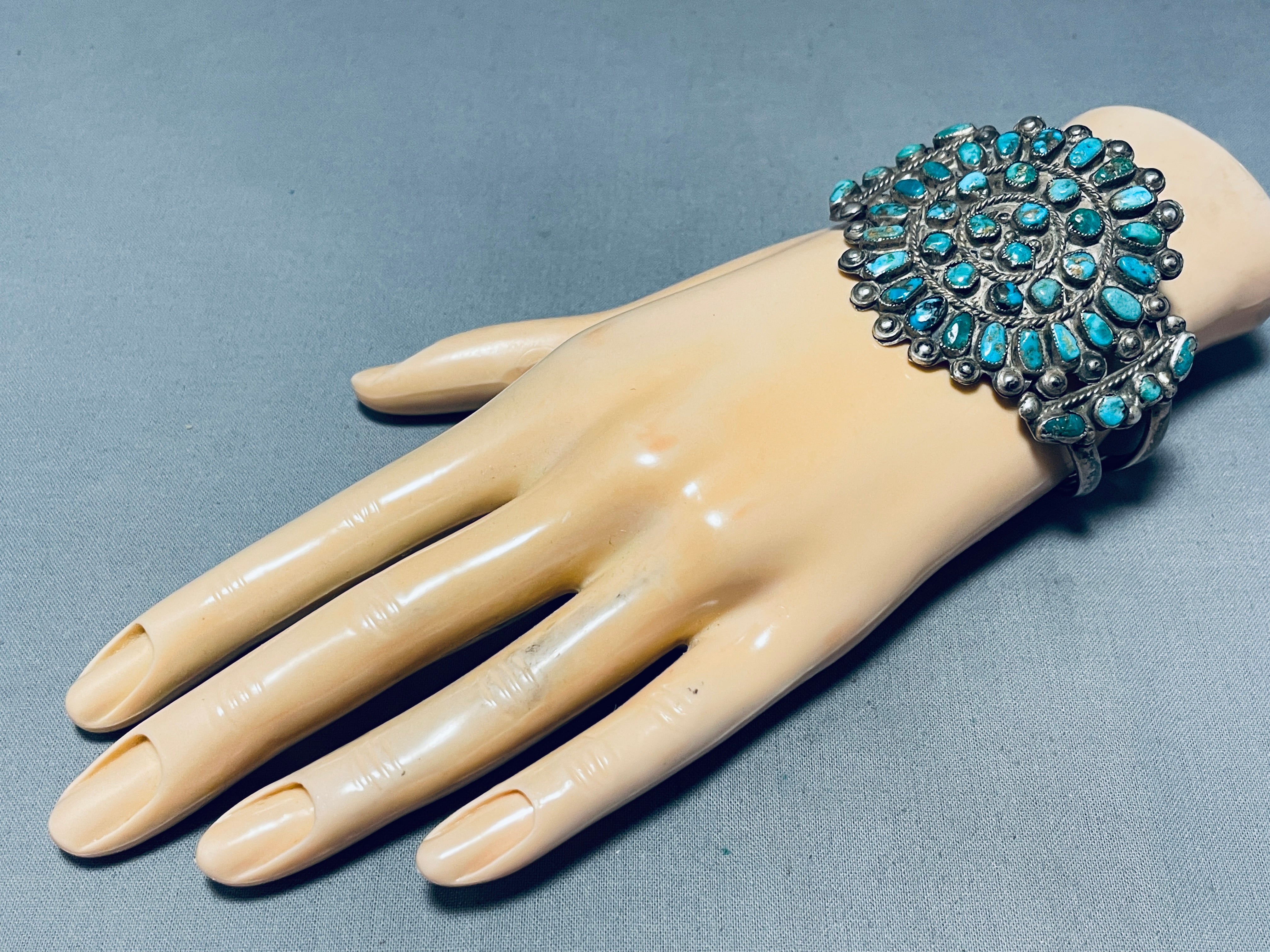 Vintage 1940s Navajo Native American Turquoise Sterling Silver Cluster Bracelet - Handmade Southwest Jewelry for Women, Boho Fashion & Tribal Style Accessories