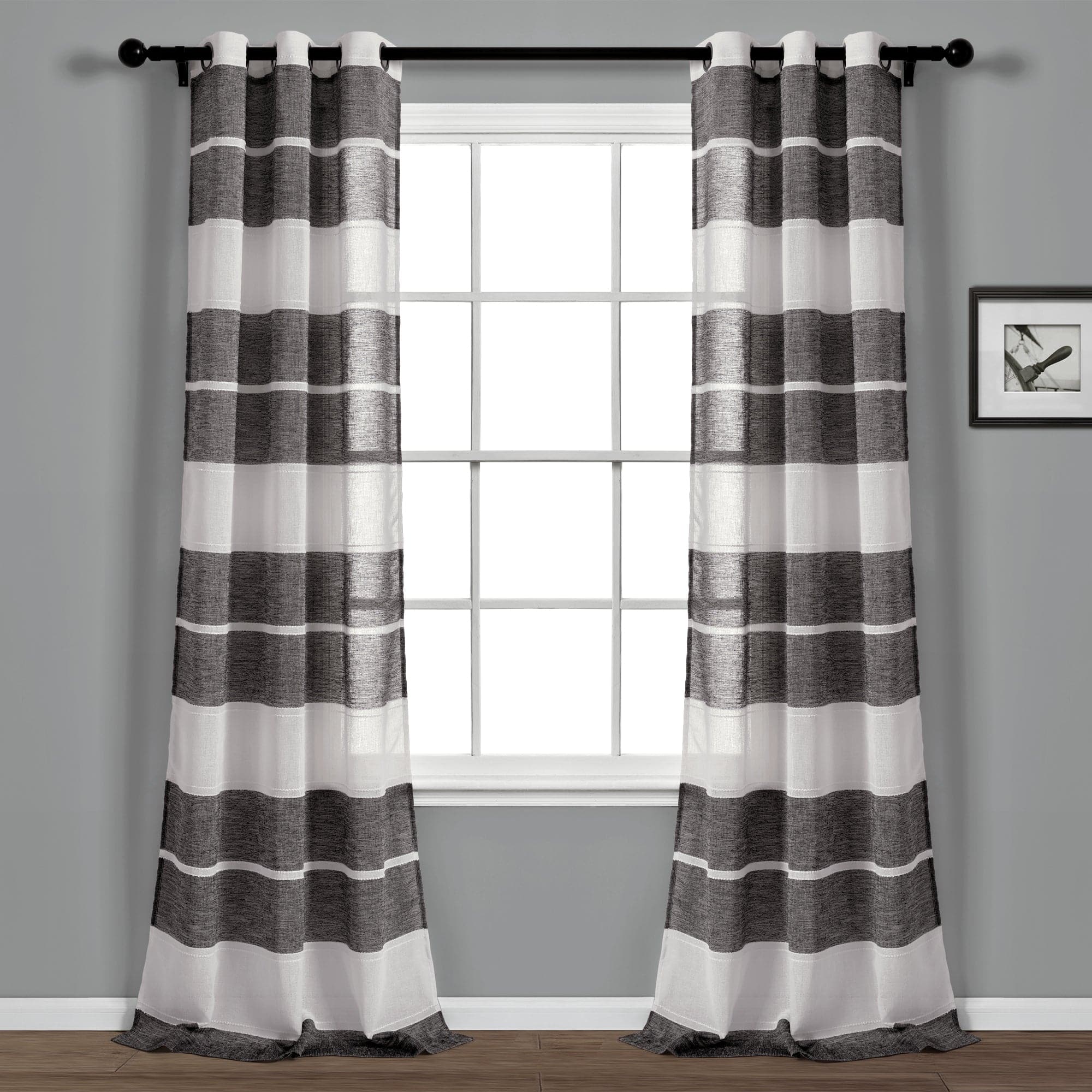 Textured Stripe Grommet Sheer Window Curtain Panel Set - Light Filtering Modern Drapes for Living Room, Bedroom & Office - 2 Panels 84 Inch Length