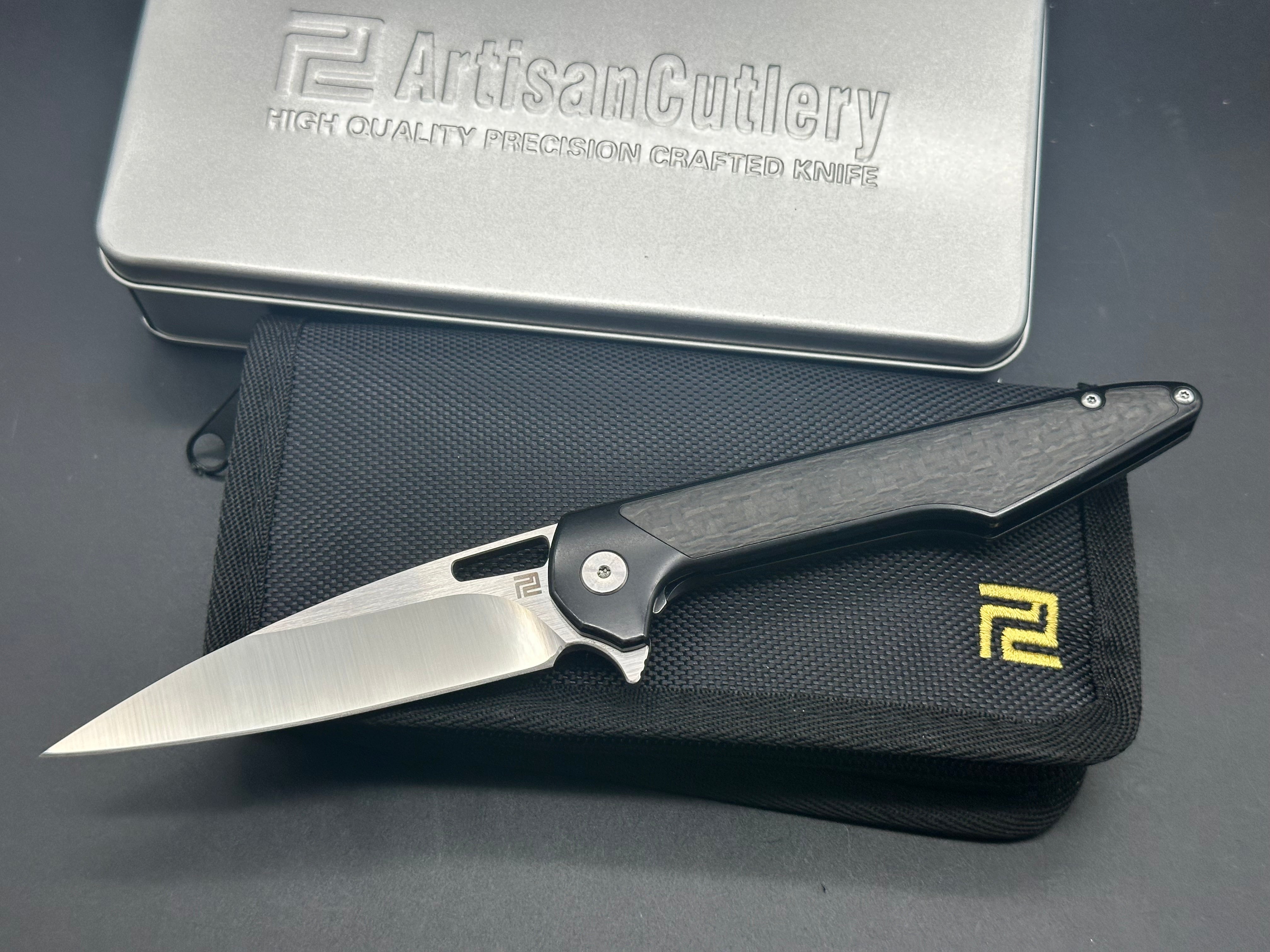 Artisan Cutlery Archaeo Frame Lock Flipper Knife - Black Titanium & Carbon Fiber - EDC Pocket Knife for Outdoor Camping, Hiking & Everyday Carry