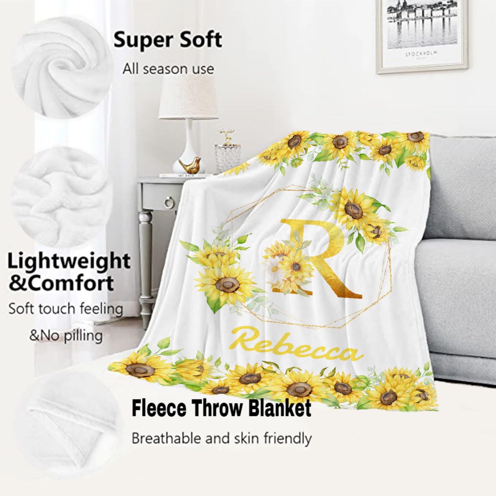 Personalized Baby Blankets for Girls & Boys - Custom Name Embroidered Fleece Throw Blanket - Soft Cozy Newborn Blanket Gift - Sunflower Design Baby Quilt for Crib, Stroller & Nursery Decor