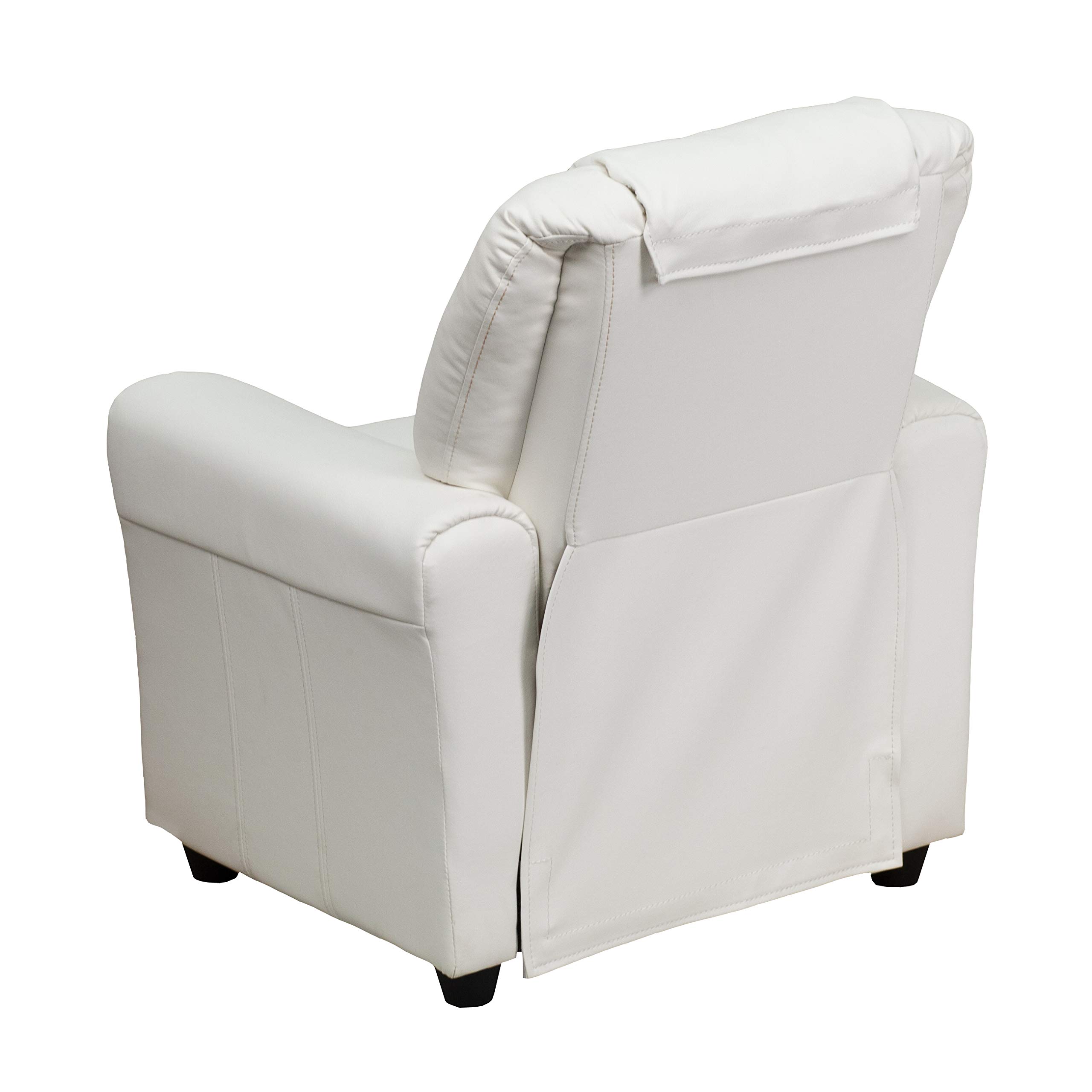 Emma & Oliver White Vinyl Kids Recliner Chair with Cup Holder & Headrest - Comfortable Children's Lounge Chair for Playroom, Bedroom or TV Time