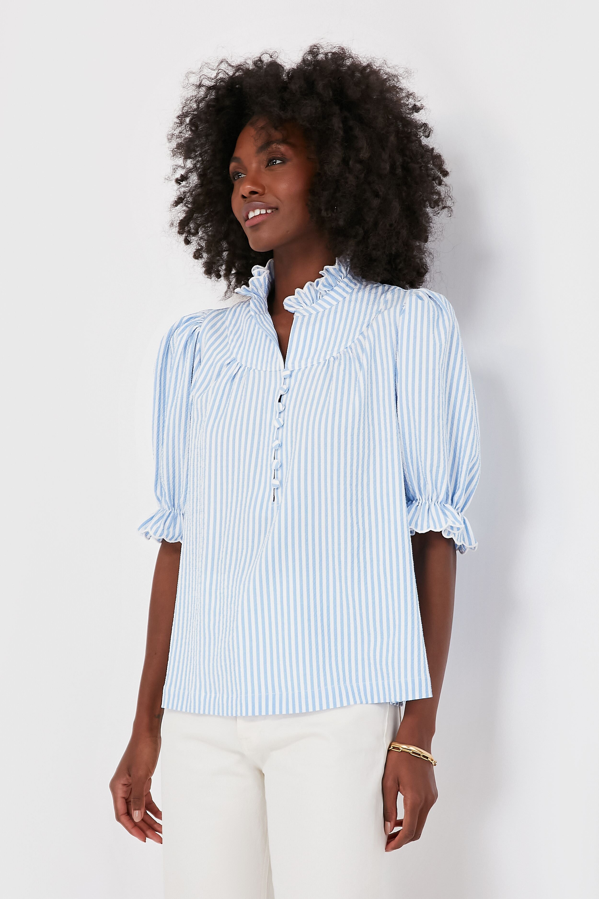 Blue Stripe Selena Blouse Women's Fashion Top - Elegant Casual Wear for Office, Dating & Party Outfits