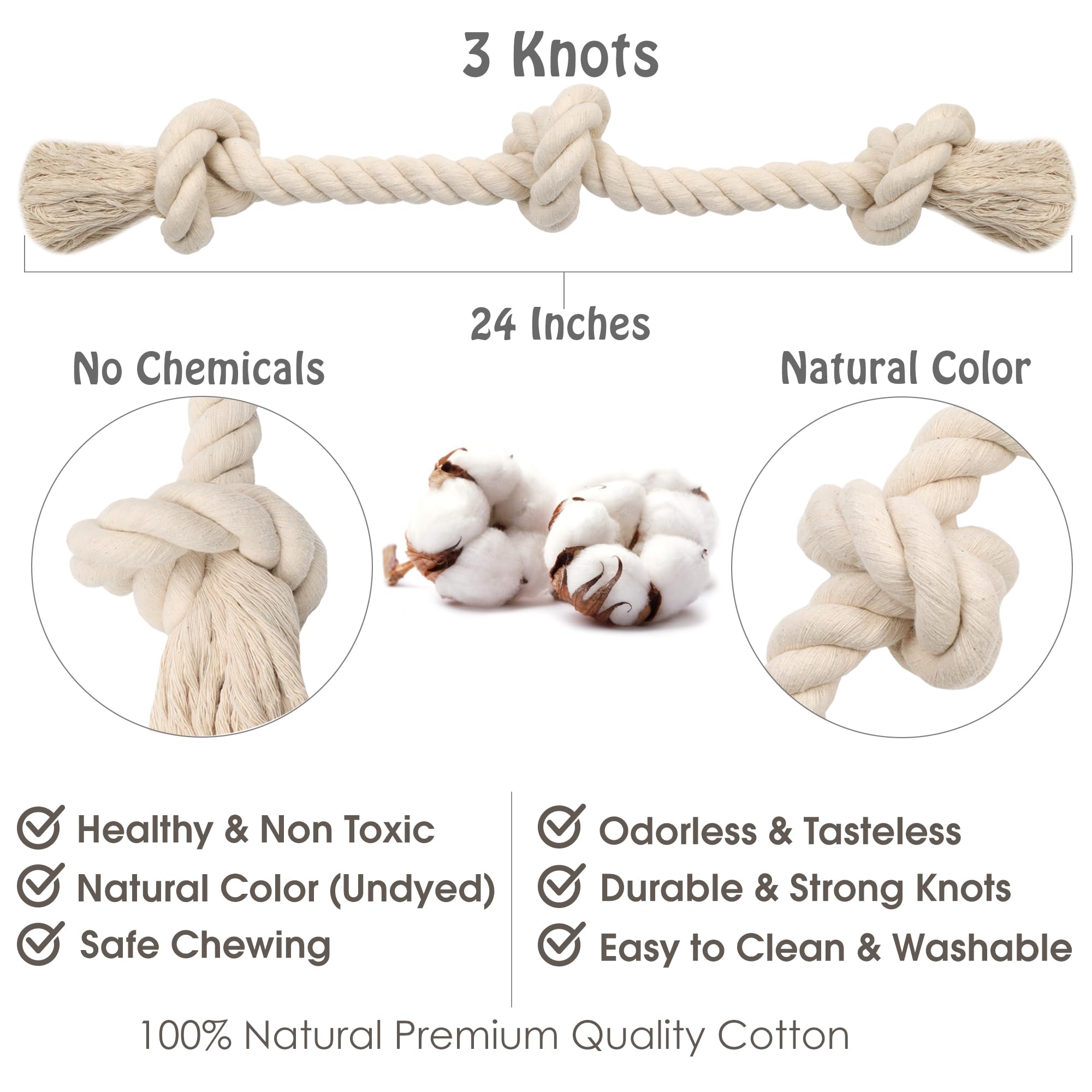 Barida Natural White Cotton Durable Dog Rope Chew Toy - Non-Toxic Premium Interactive Rope Toy for Medium & Large Dogs | Tug of War, Teething Relief, Training & Playtime Fun
