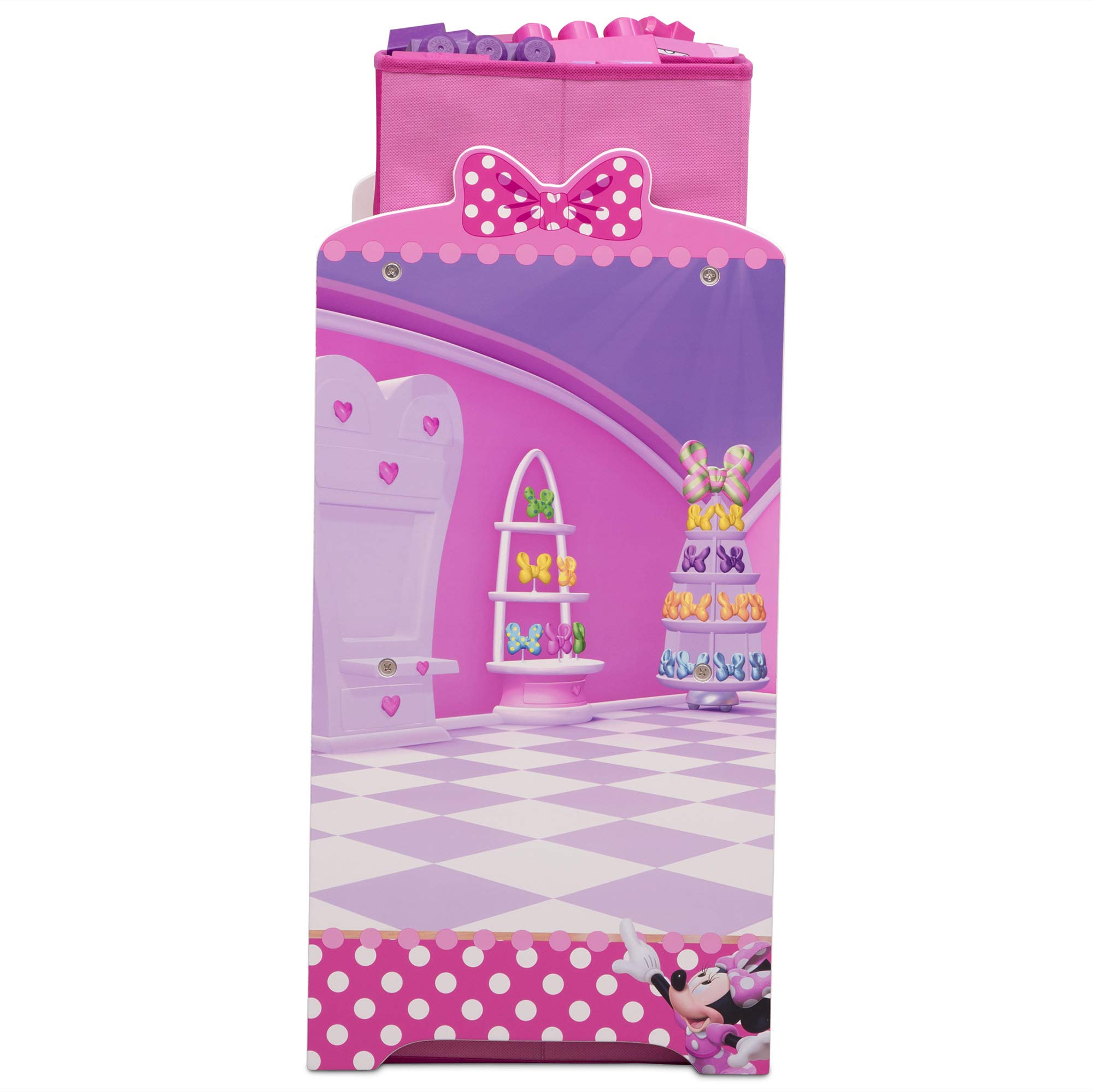 Delta Children 6-Bin Toy Storage Organizer with Disney Minnie Mouse Chair & Desk - Kids Playroom Organization Solution for Toys, Books & Art Supplies