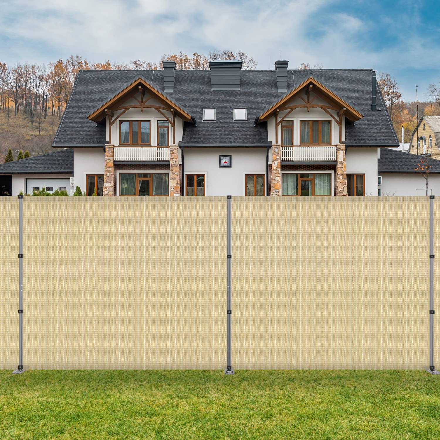 Coarbor 4'x10' Outdoor Removable Privacy Fence Panel - Beige Hollow Design for Pool Safety, Dog Yard, Chicken Coop & Vegetable Garden Protection | Durable Backyard Barrier with Spikes & Poles | Perfect for Patio, Deck and Property Borders