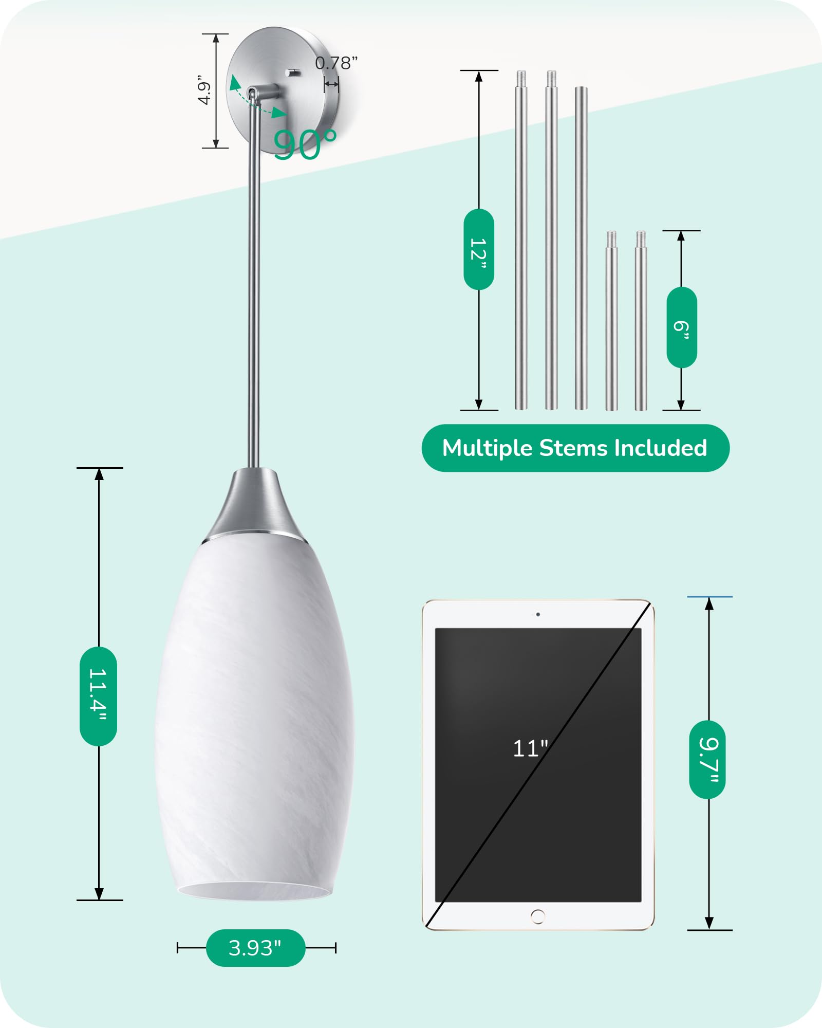 EDISHINE Handcrafted Art Glass Pendant Light Fixture - White Marble Glass Shade with Adjustable Brushed Nickel Rods, Hardwired Ceiling Light with E26 Base | Perfect for Kitchen, Bathroom, Bar & Dining Room Lighting