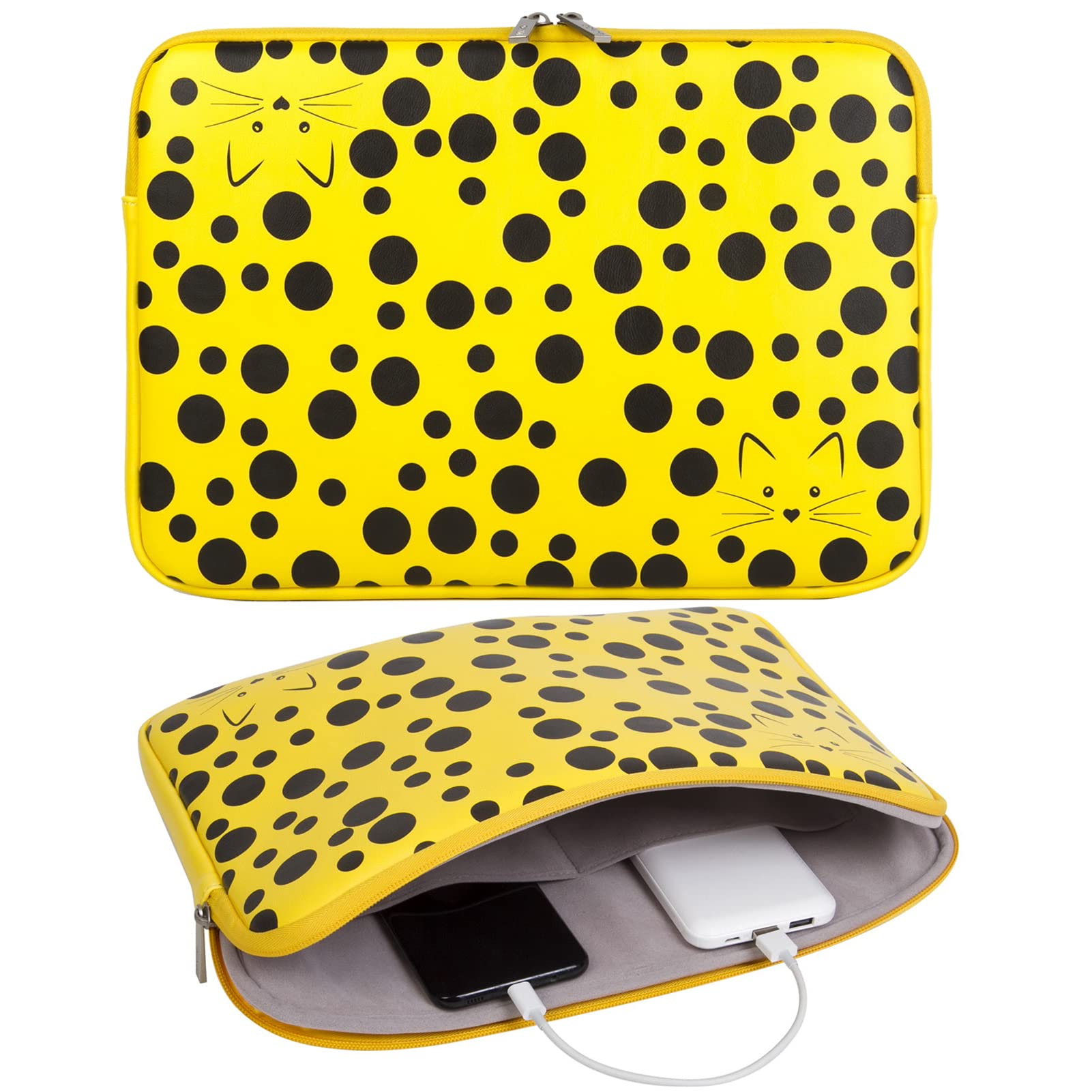 OZADE Yayoi Kusama Style PU Leather Laptop Sleeve for 13-14 inch MacBook Pro/Air, Surface Pro/Laptop/Book & Notebooks - Fashionable Yellow & Black Cat Design - Perfect for Work, Travel & School Accessories