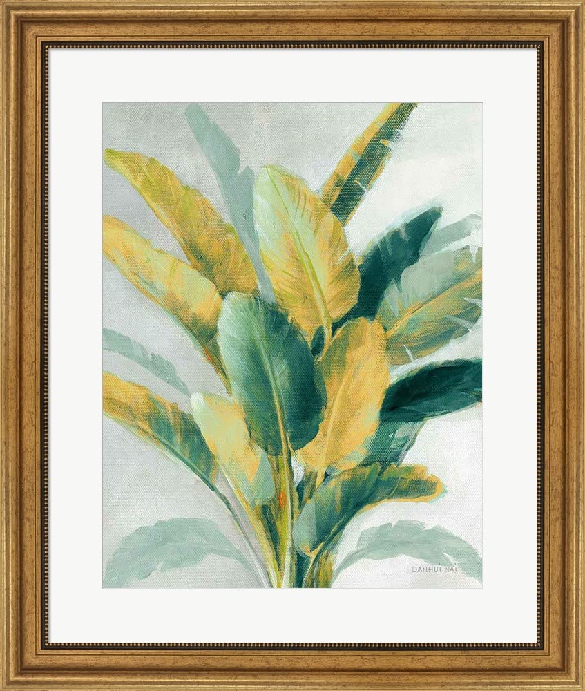 Danhui NAI Framed Art Print - Greenhouse Palm II Teal Green & Gold Crop Wall Picture, 24x29 Inches with Wide Gold Frame | Perfect for Living Room, Bedroom, or Office Decor