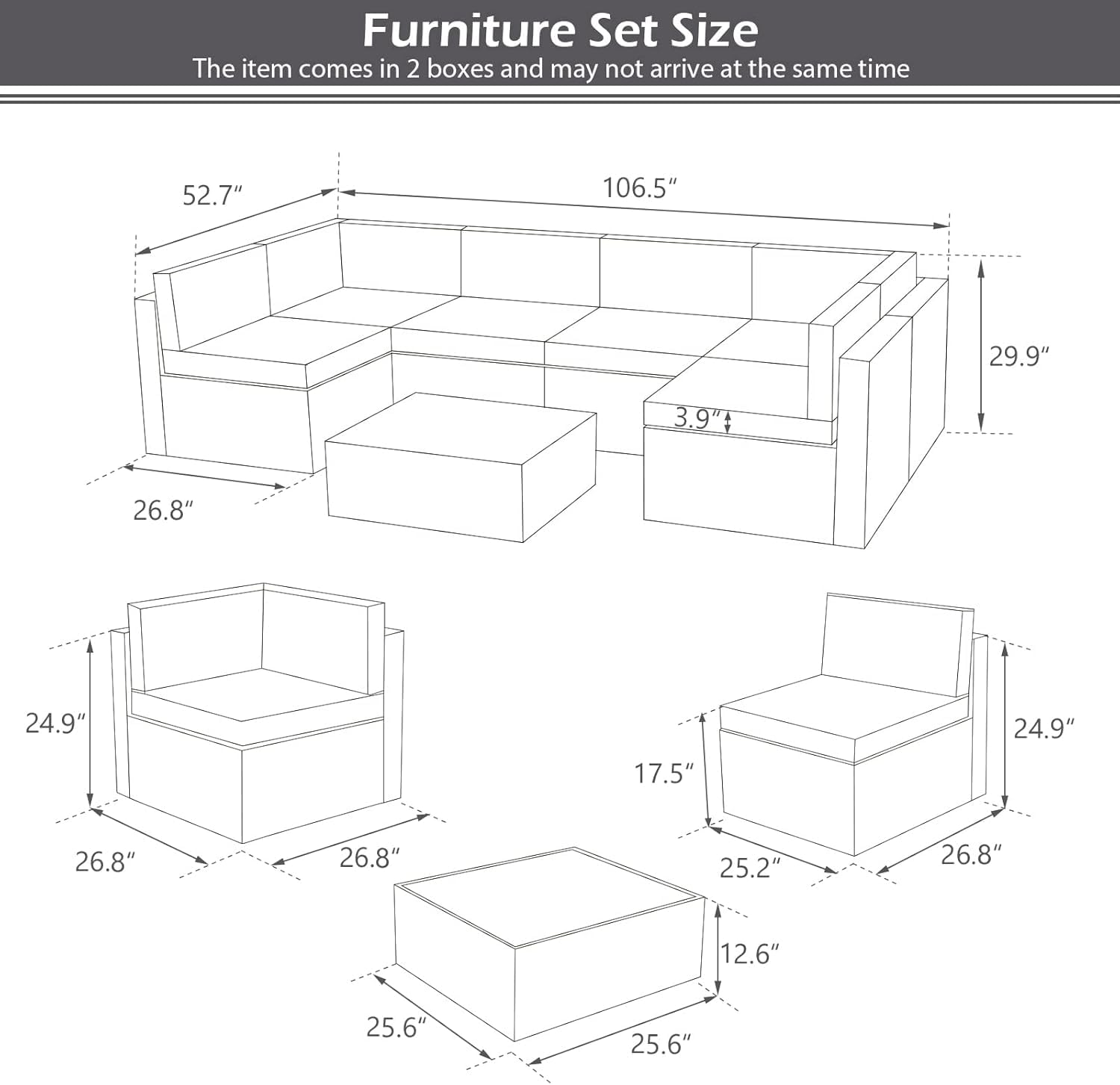 U-MAX 7-Piece Outdoor Patio Furniture Set - PE Rattan Wicker Sectional Sofa with Cushions & Coffee Table - Grey Rattan & Navy Blue Cushions - Perfect for Garden, Poolside, and Backyard Relaxation