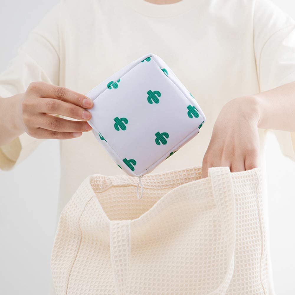 Quirky Nylon Sanitary Napkin Storage Bag with Zipper - Discreet Menstrual Pad Organizer for Purse & Travel - First Period Kit for Teen Girls - Women's Hygiene Essential (White Cactus Design) - Perfect for School, Work, Gym & On-the-Go