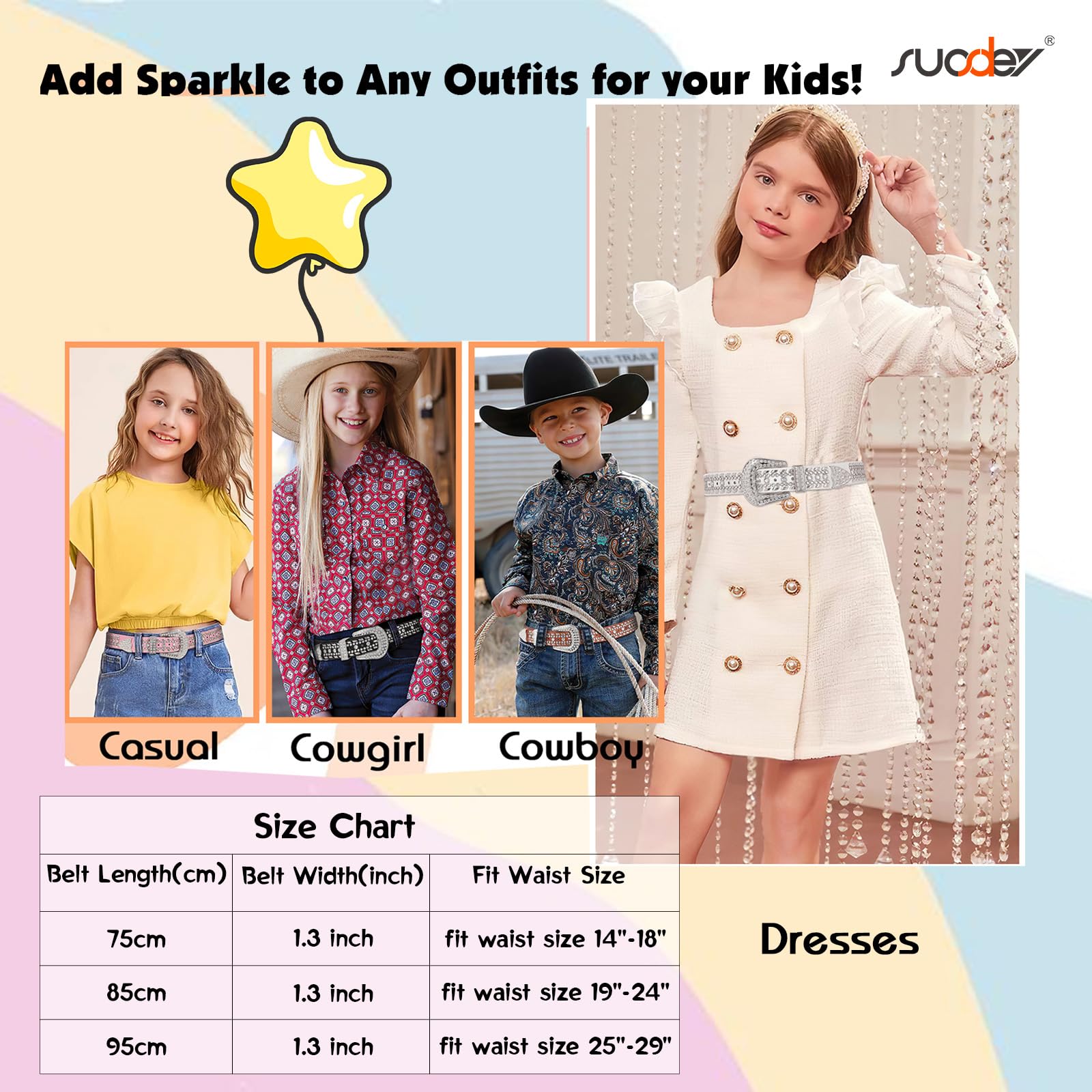 SUOSDEY Sparkling Rhinestone Belt for Girls & Boys - Western Cowgirl Cowboy Studded Leather Belt for Kids | Perfect for Birthday Parties, Rodeo Events & Western Fashion Outfits