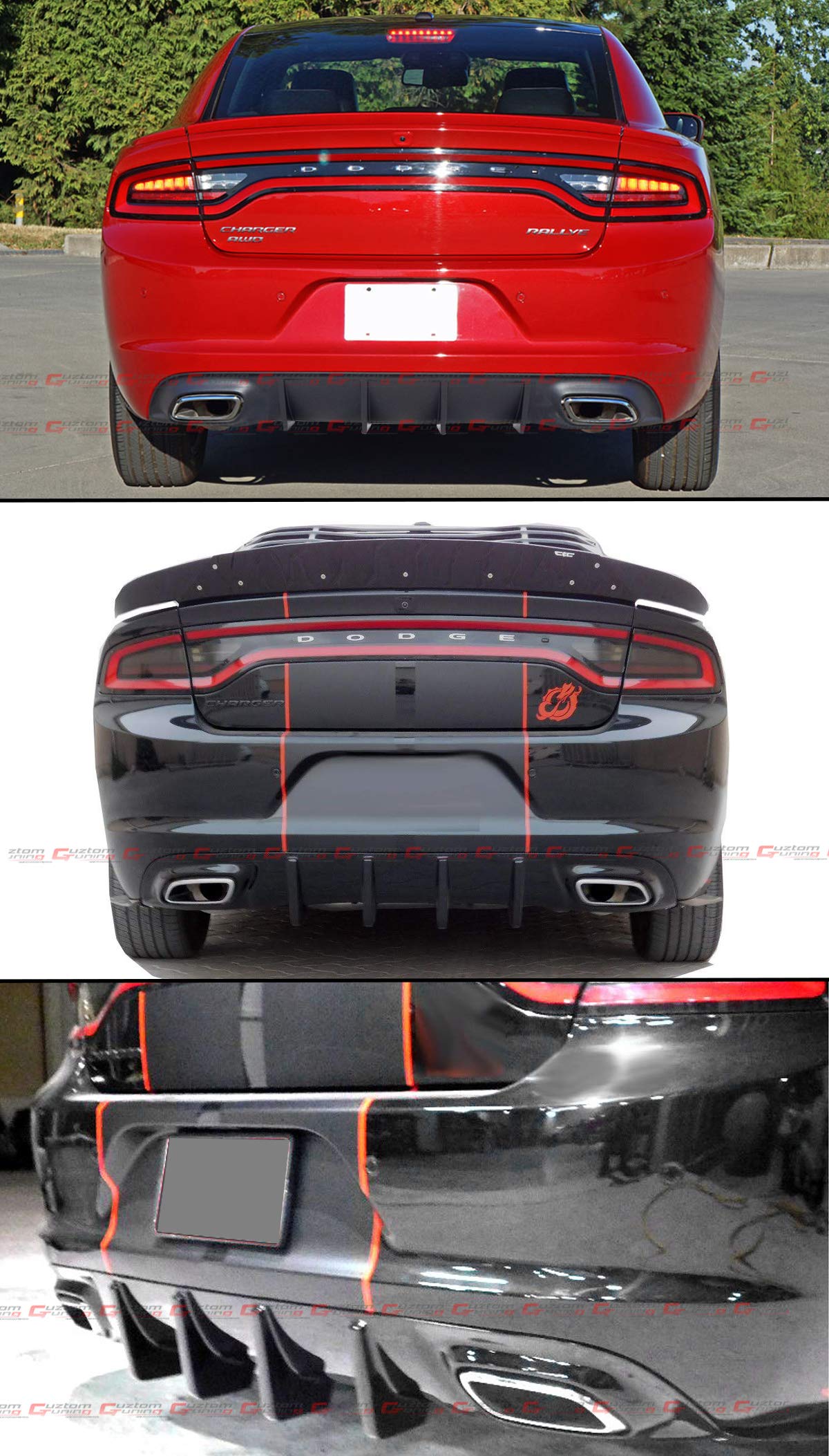 Shark Fin Rear Bumper Diffuser Valance Lip for 2015-2023 Dodge Charger SXT SE - Painted Carbon Fiber Finish - Enhance Aerodynamics & Style for Street Racing & Car Shows