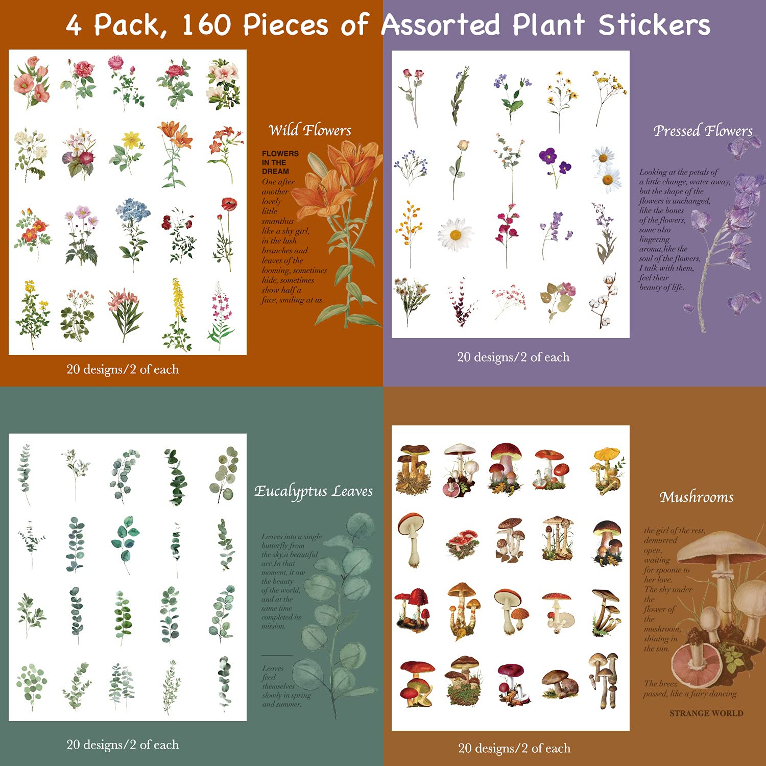 Premium Knaid Flower Eucalyptus Plant Stickers Set - 160 PET Transparent Waterproof Decals for Scrapbooking, DIY Crafts, Bullet Journaling | Perfect for Planners, Water Bottles, Phone Cases & Laptop Decoration | Home Office & School Supplies