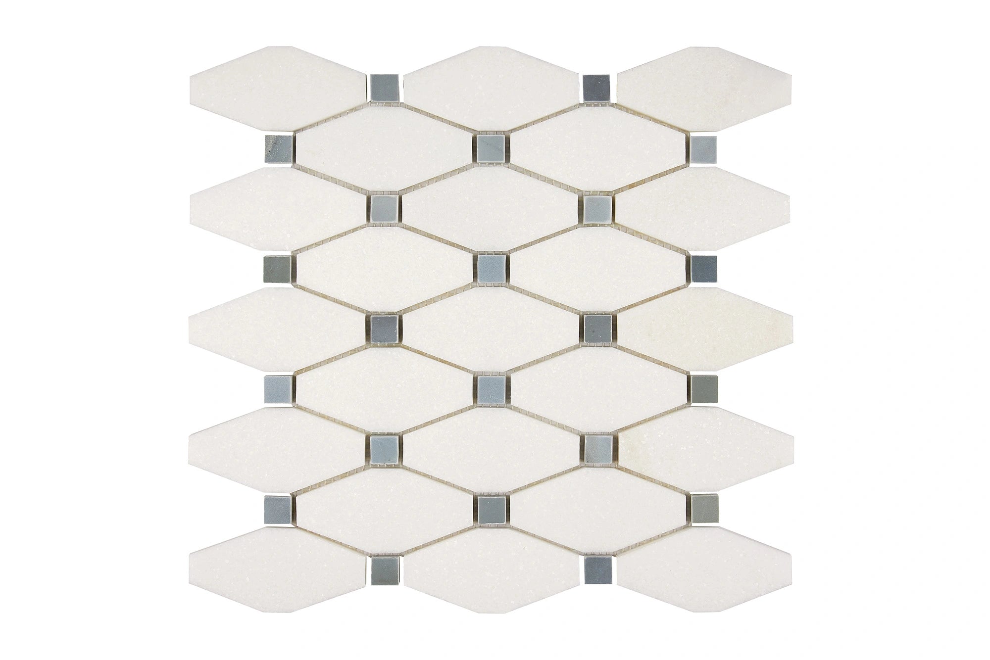 White Thassos Marble Elongated Hexagon Blue Mosaic Tile - Premium Natural Stone Wall & Floor Decor for Bathroom, Kitchen Backsplash, and Poolside Design