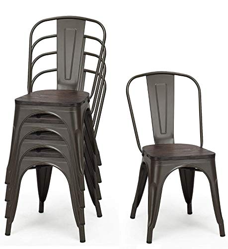 HAPPYGRILL 4-Piece Dining Chair Set - Indoor/Outdoor Metal Kitchen Chairs with Wooden Seat & High Backrest - Tolix-Style Stackable Counter Bar Stools for Living Room, Restaurant, Patio & Party (Gun Metal) - Perfect for Home Dining, Outdoor Entertaining & Commercial Use
