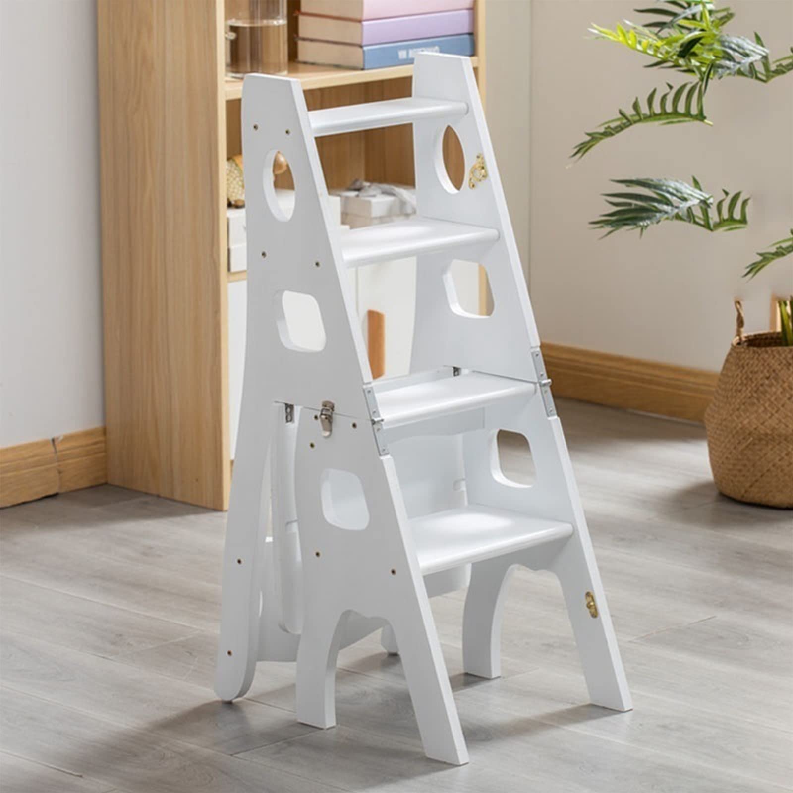FADUNI 4-Step Wooden Folding Step Stool Ladder - Portable Kitchen Ladder, Indoor/Outdoor Step Stool for Home, Garden, and Plant Care | Non-Slip Safety Ladder for Reaching High Shelves, Changing Light Bulbs, and Home Maintenance
