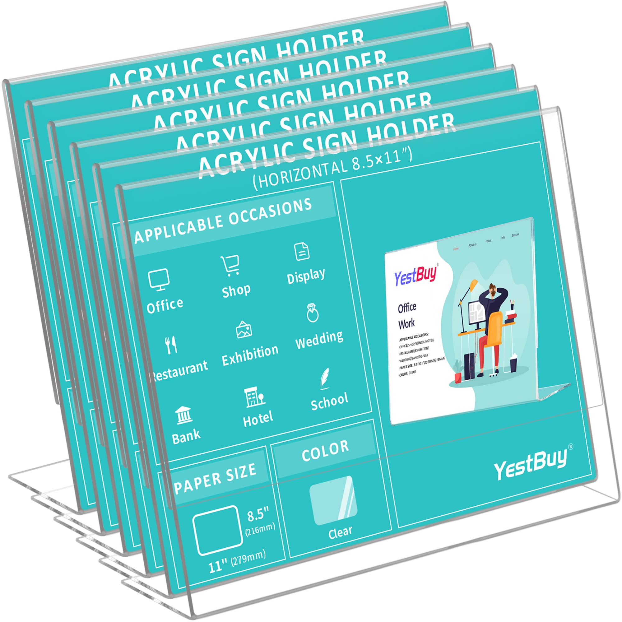 8.5x11 Inch Slant Back Acrylic Sign Holder - 6 Pack Horizontal Desktop Display Stand for Flyers, Posters, Advertisements & Pictures | Perfect for Retail Stores, Restaurants, Offices & Events