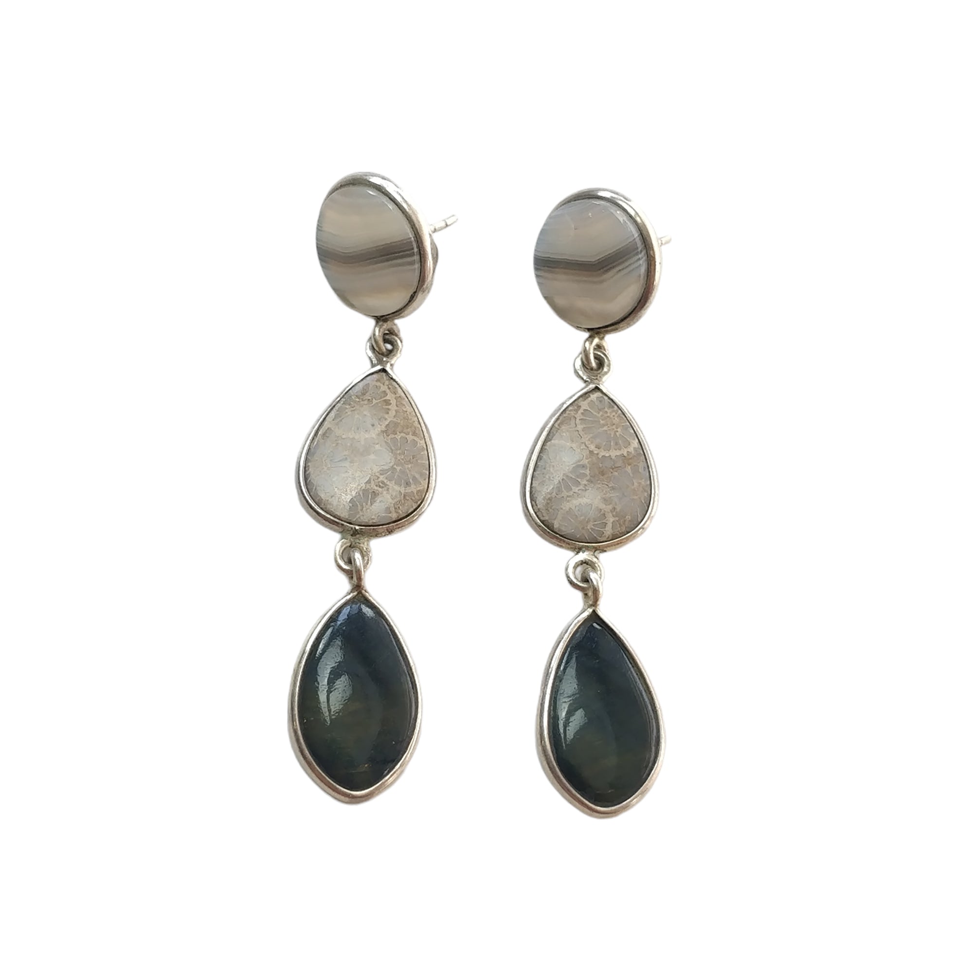 Natural Botswana Agate Gemstone Earrings - 925 Sterling Silver Bi-Color Bezel Set Drop Dangle Earrings (2.5