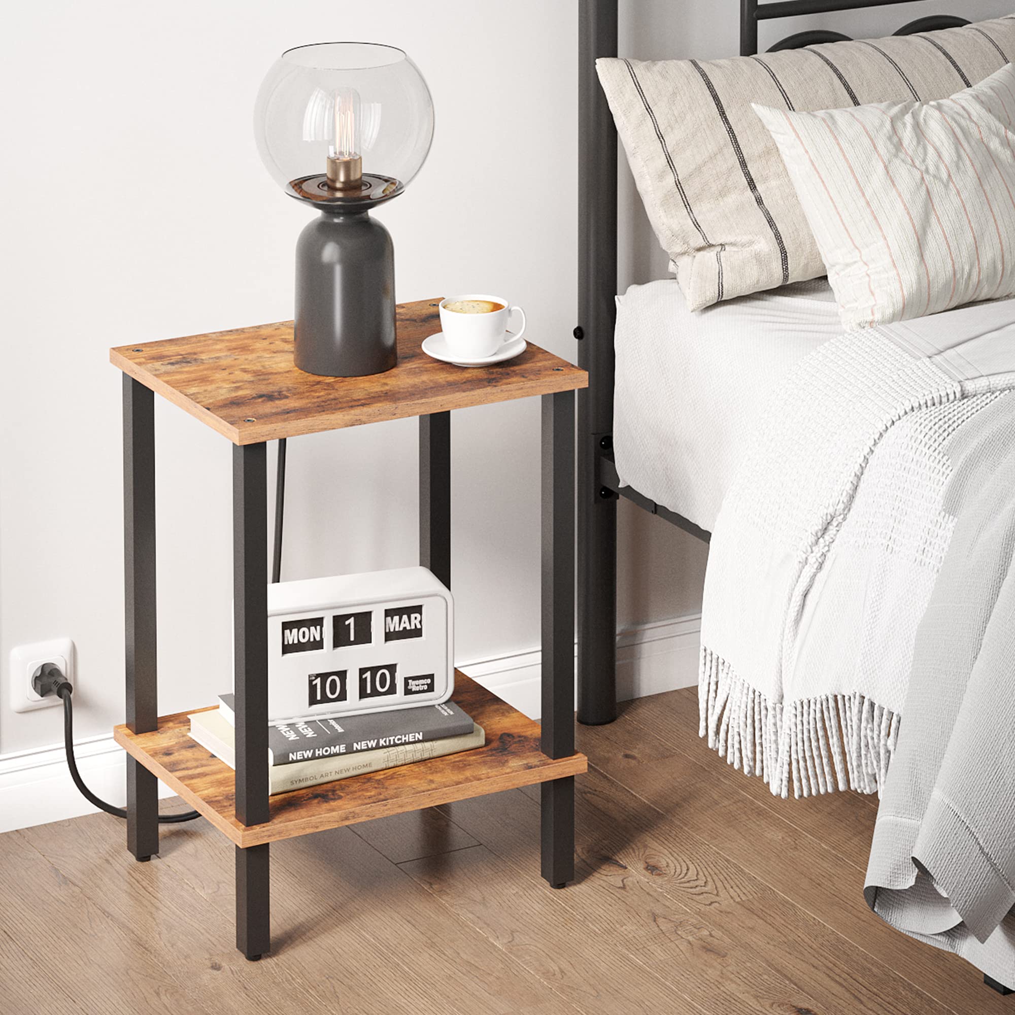 TUTOTAK 2-Tier End Table with Storage Shelf - Compact Side Table & Nightstand for Small Spaces - Perfect for Living Room, Bedroom, Dorm (Model TB01BB034) - Ideal for Holding Lamps, Books, and Bedside Essentials