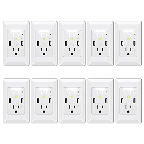 GREENCYCLE 15A Tamper-Resistant USB Wall Outlet with 4.2A Dual USB Ports & 2 AC Receptacles - Energy Saving Auto Night Light Sensor - White (10 Pack) - Perfect for Home, Office, Hotel & Commercial Spaces