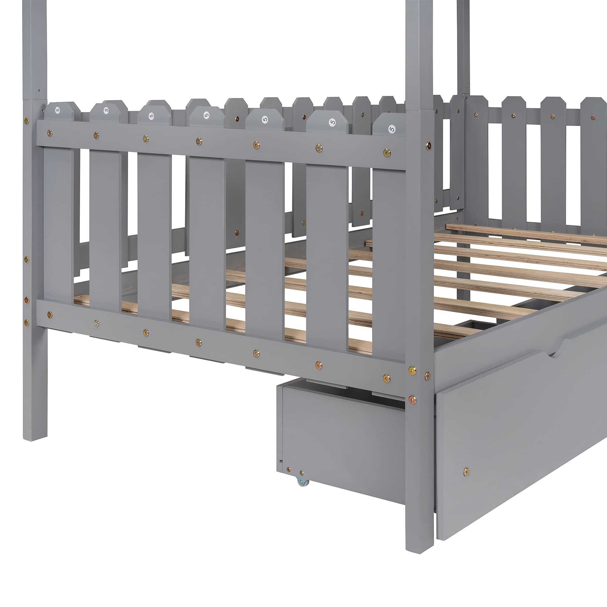 **Kids Twin Size Wooden House Bed Frame with 2 Drawers, Fence Guardrail & Roof - Semi-Enclosed Play Space, No Box Spring Needed (Gray) - Perfect for Bedrooms, Playrooms & Imaginative Play**