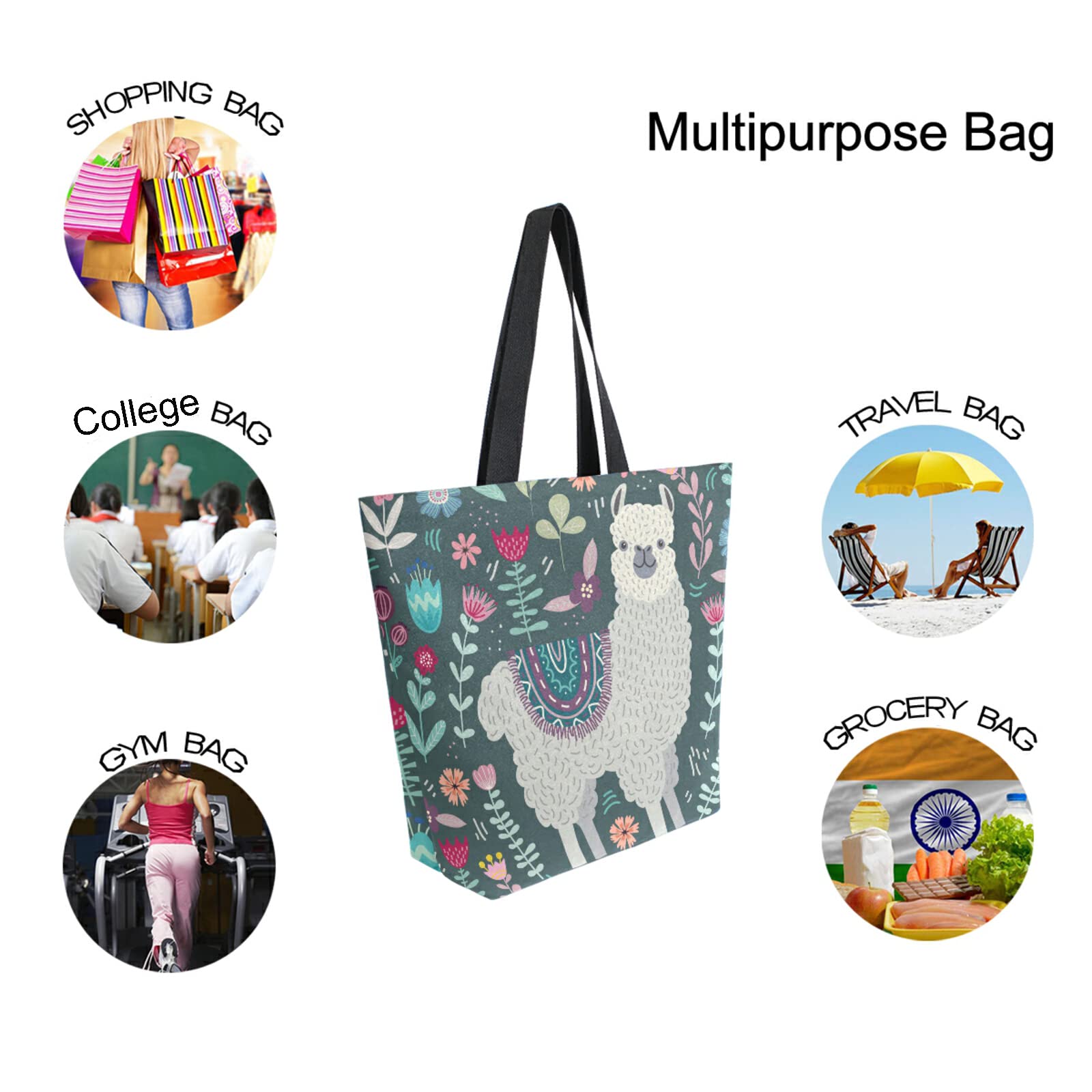 SUABO Large Llama Print Canvas Tote Bag for Women - Reusable Grocery Shopping Bag, Casual Shoulder Handbag for Outdoor, Beach, Travel & Daily Use