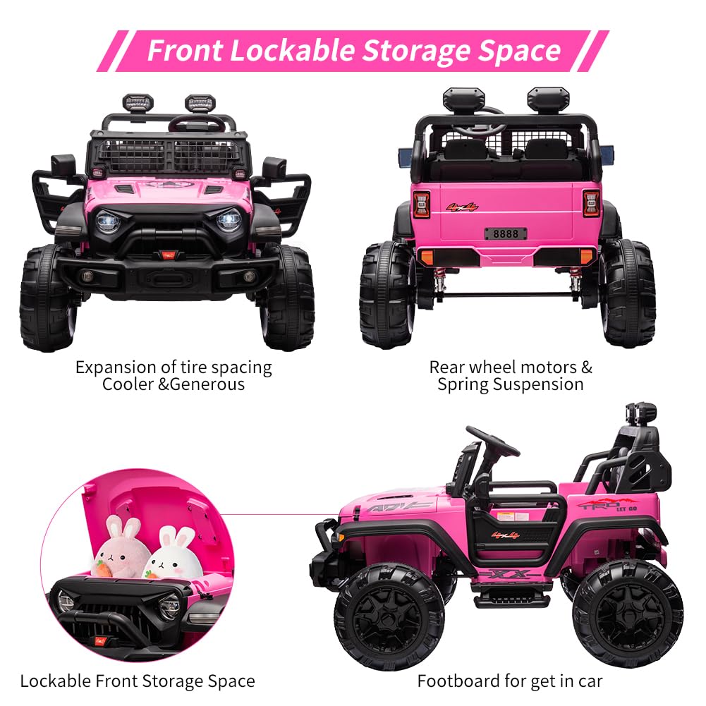 GARVEE 24V Electric Ride On Truck for Kids - 2 Seater Remote Control Car with LED Lights, Music & Horn | Large Storage Space & Cup Holder | Pink Toddler Toy Vehicle for Ages 3-8 | Perfect for Outdoor Play, Birthday Gifts & Family Fun