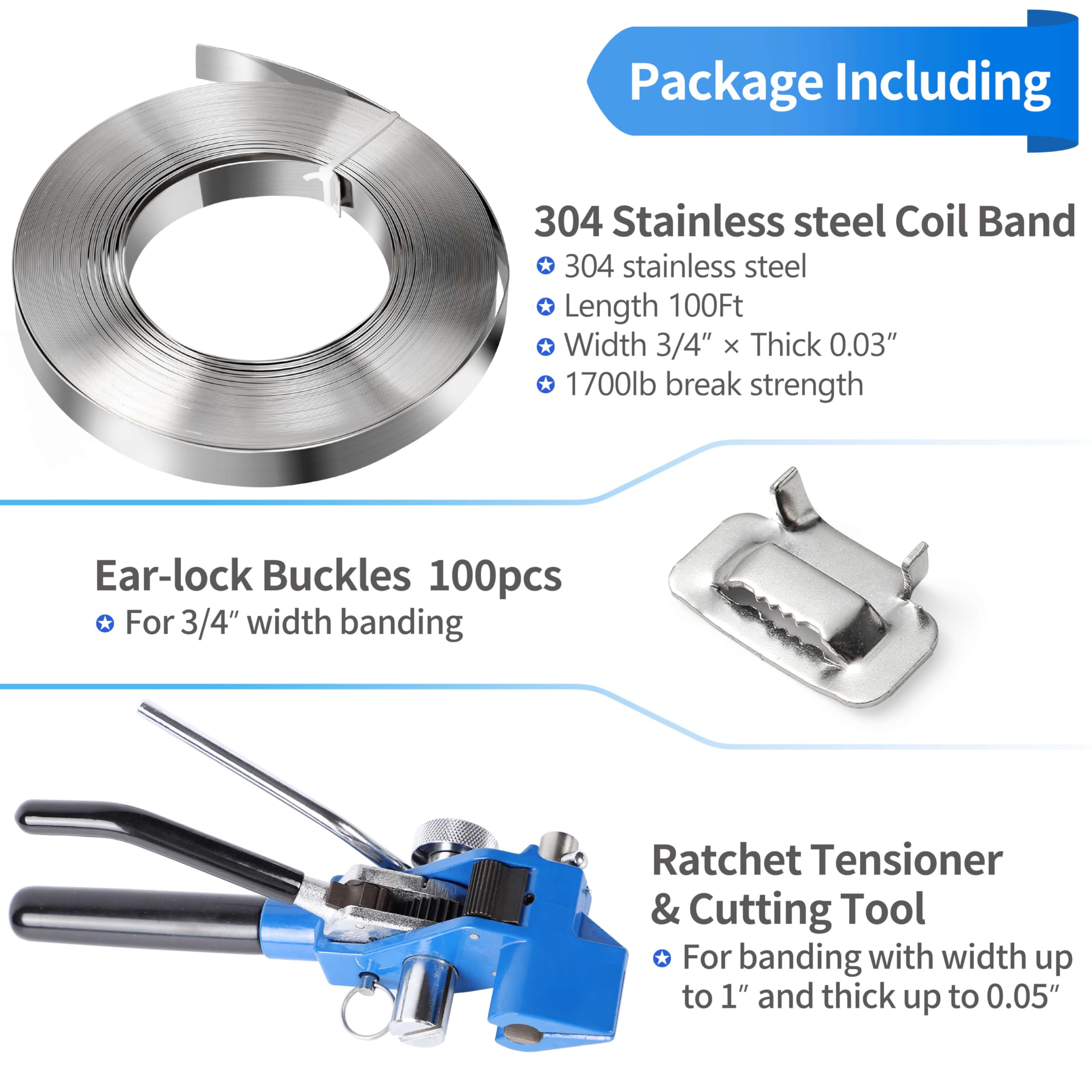 Stainless Steel Banding Strapping Kit with Ratchet Tensioner Tool - 100Ft×3/4'' S304 Banding Coil, 100ps Steel Buckles for High Tensile Packaging | Heavy Duty Metal Strapping for Shipping, Pallet Securing & Industrial Packaging
