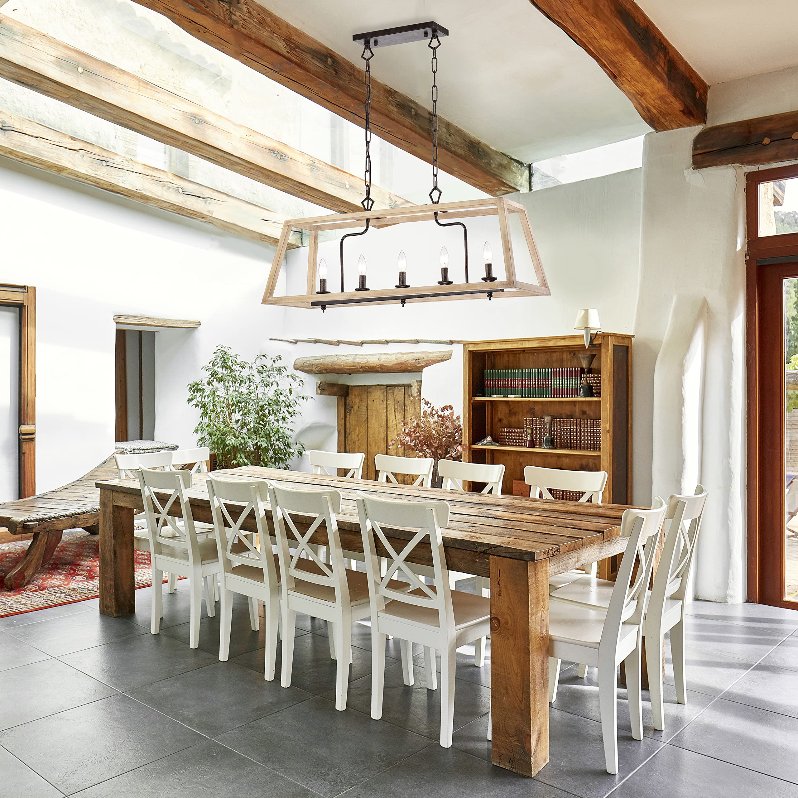 Edvivi 5-Light Rectangular Kitchen Island Chandelier - Farmhouse Ceiling Light Fixture in Antique White Wood & Rust Finish - Rustic Pendant Lighting for Kitchen Island, Dining Room, Breakfast Nook & Farmhouse Decor