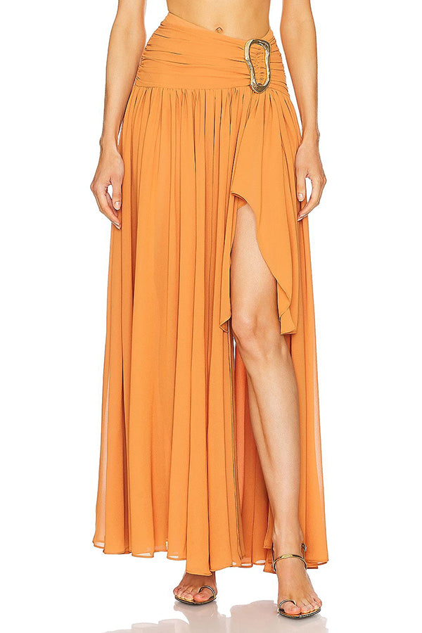 Vacation Chic Chiffon High Rise Flowy Asymmetrical Drape Maxi Skirt - Women's Elegant Beach Cover Up Skirt for Summer Travel, Boho Outfits & Resort Wear
