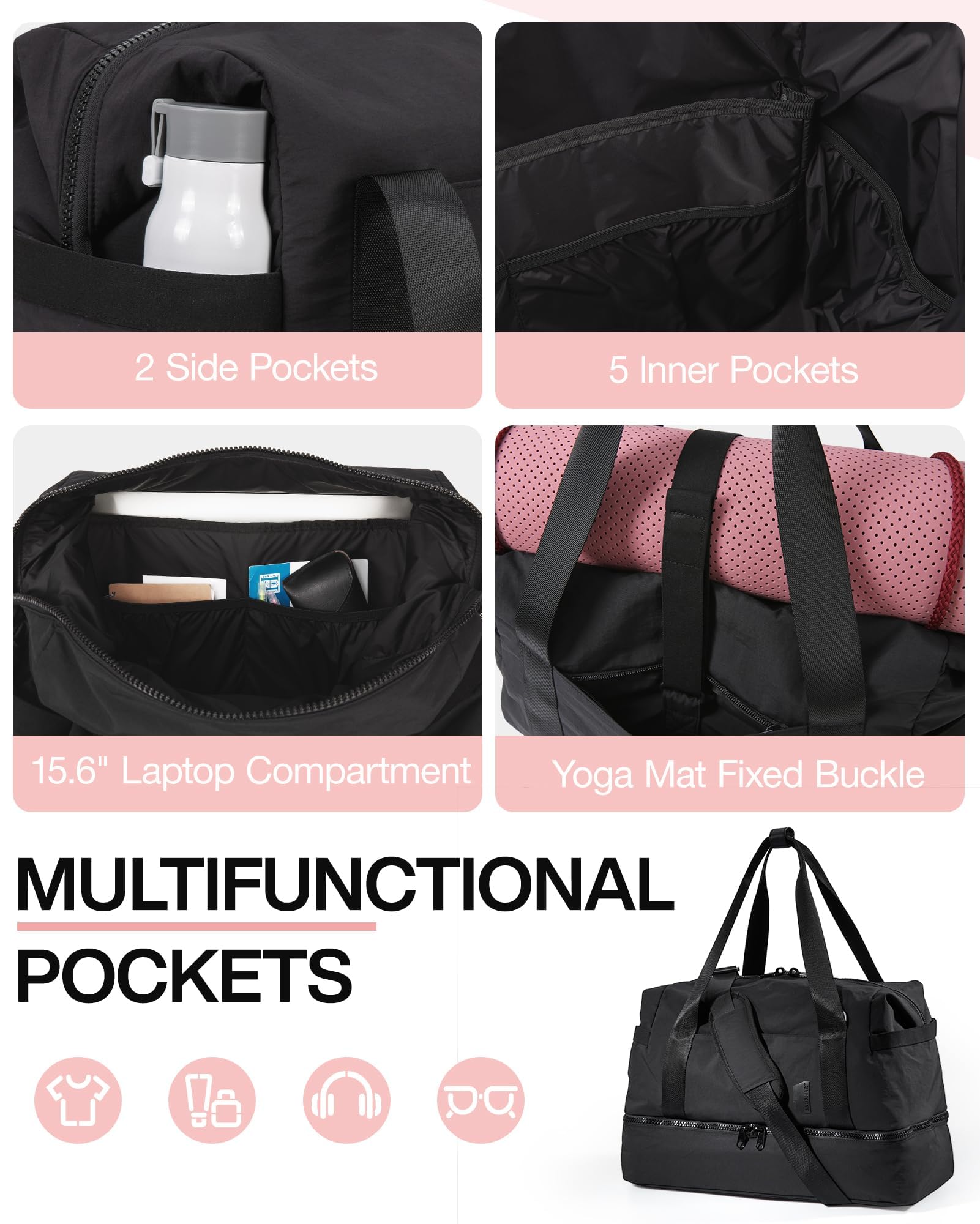 BAGSMART Women's Weekender Travel Duffel Bag with Shoe Compartment & Toiletry Bag - Airline Approved Carry-On Overnight Bag (Black, 2-Pack) for Weekend Getaways, Gym, Business Trips & Vacation Travel