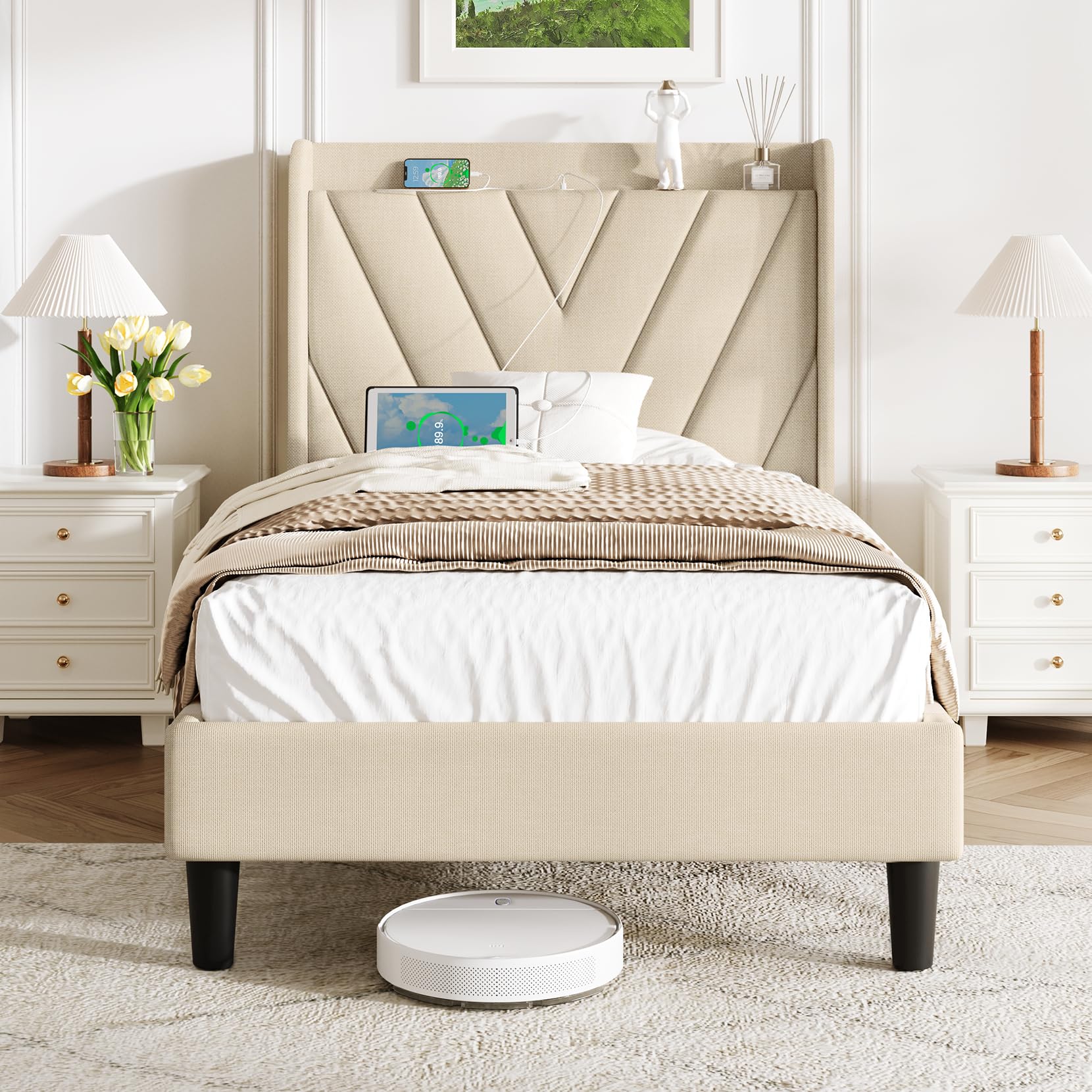 Twin Size Upholstered Platform Bed Frame with Adjustable Headboard, USB & Type-C Ports, Wingback Storage & Solid Wood Slats - No Box Spring Needed, Beige - Perfect for Kids' Bedrooms, Guest Rooms & Small Spaces