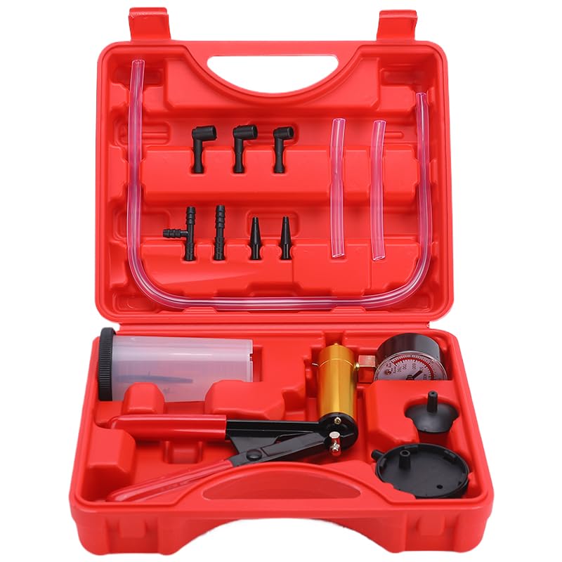 Professional Brake Bleeder Kit with Handheld Vacuum Pump & Adapters - Includes Vacuum Brake Bleeder Pump with Pressure Gauge for Cars, Motorcycles & Automotive Repair (Red) | Perfect for DIY Brake Maintenance & Fluid Replacement