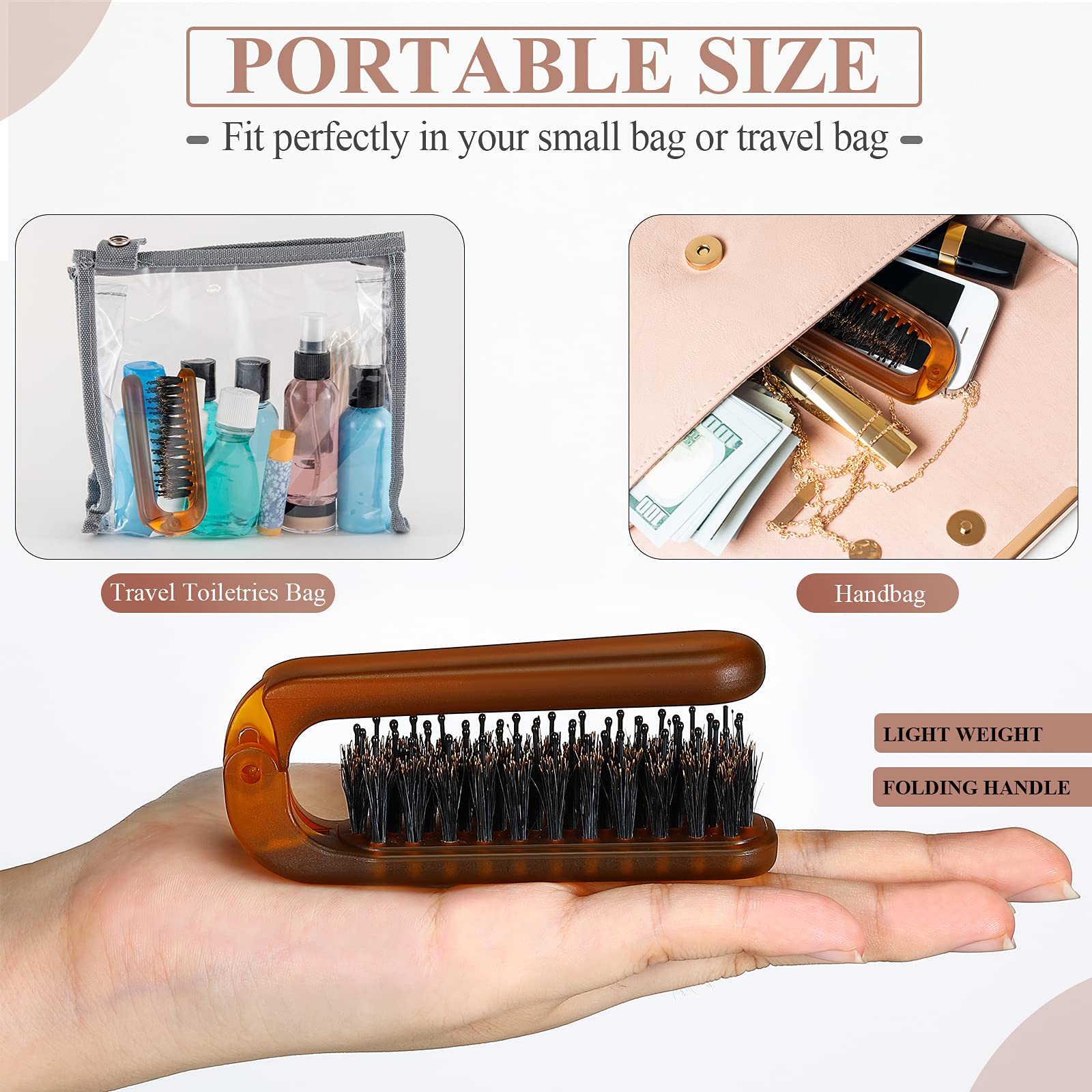 2 Pack Foldable Travel Hair Brush - Compact Collapsible Pocket Hair Comb with Bristles for Women & Men, Portable Styling Tool for Home, Gym, Office & Travel (Amber)