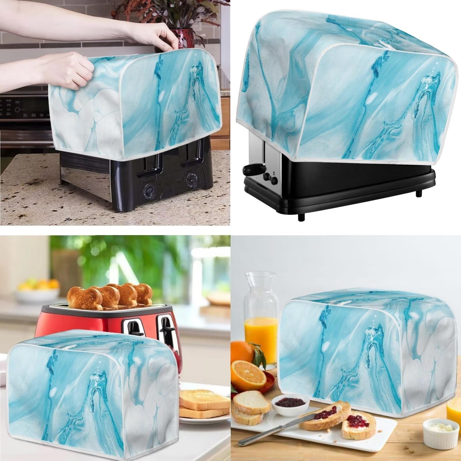 White Blue Marble Pattern Washable Appliance Covers Set - Blender, Bread Maker & 4-Slice Toaster Dust Protection | Stylish Kitchen Accessories for Countertop Organization & Home Decor